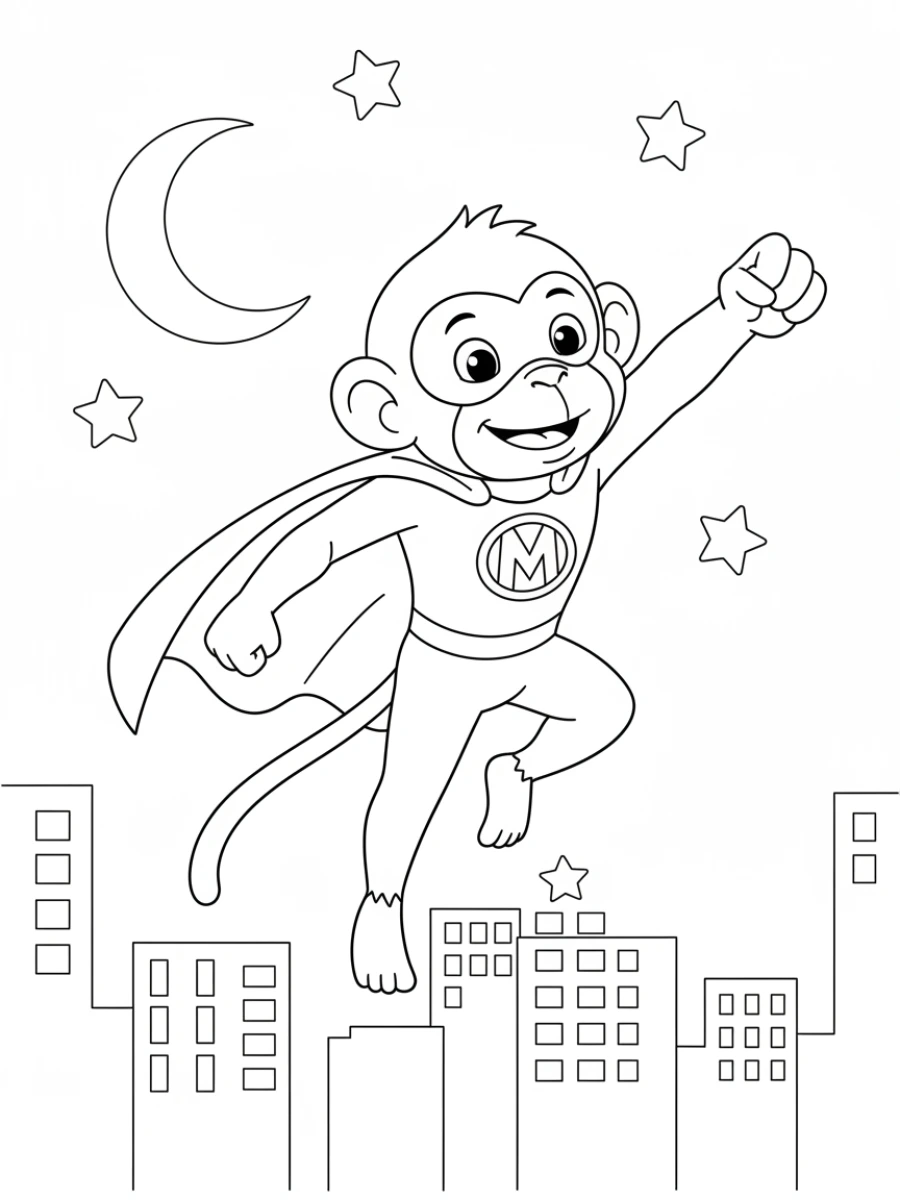 coloriage singe — Singe super-héros héroïque portant une cape et un masque, adoptant une pose dynamique comme s'il volait, avec des contours de ville en arrière-plan.
