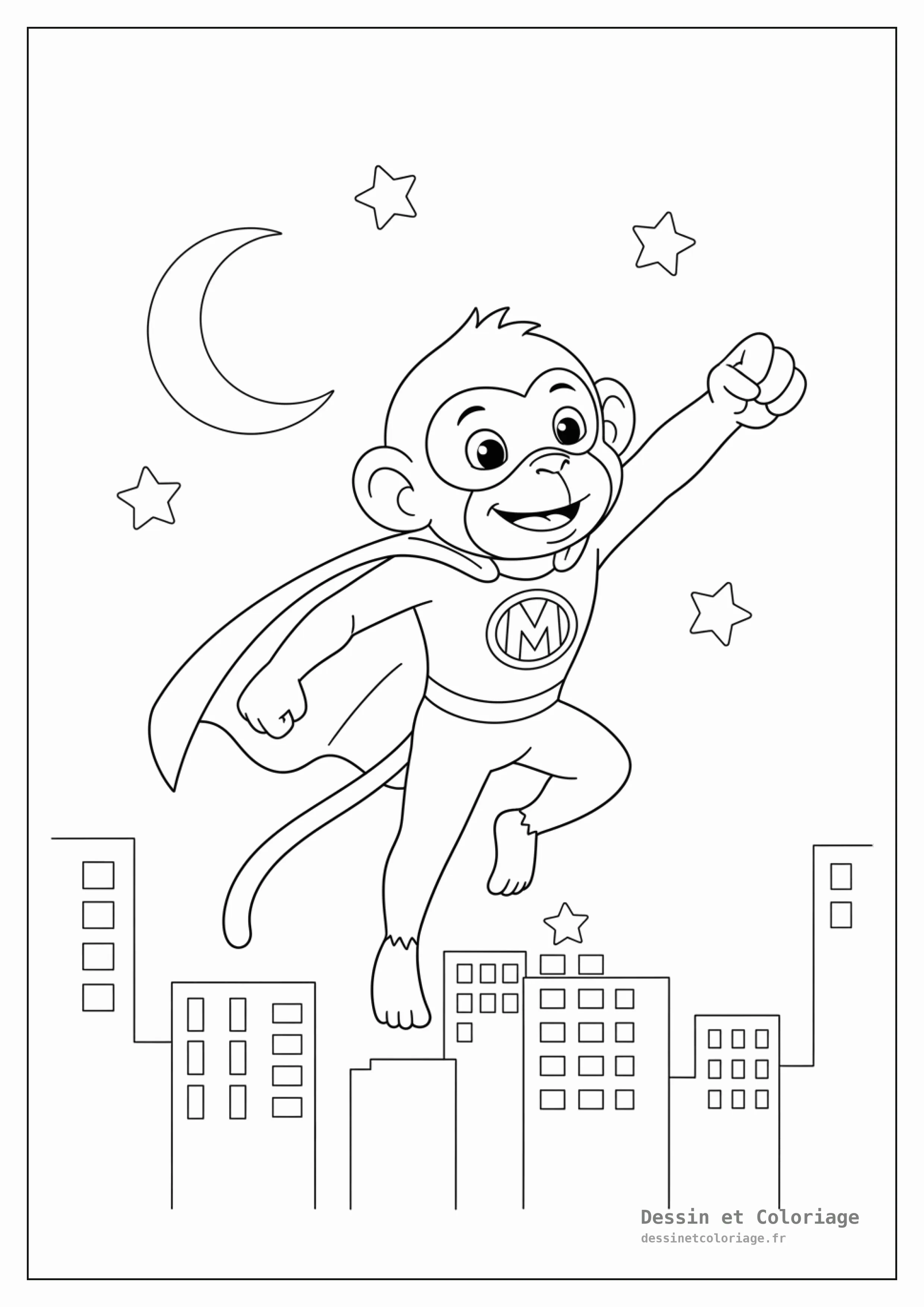 coloriage singe — Singe super-héros héroïque portant une cape et un masque, adoptant une pose dynamique comme s'il volait, avec des contours de ville en arrière-plan.