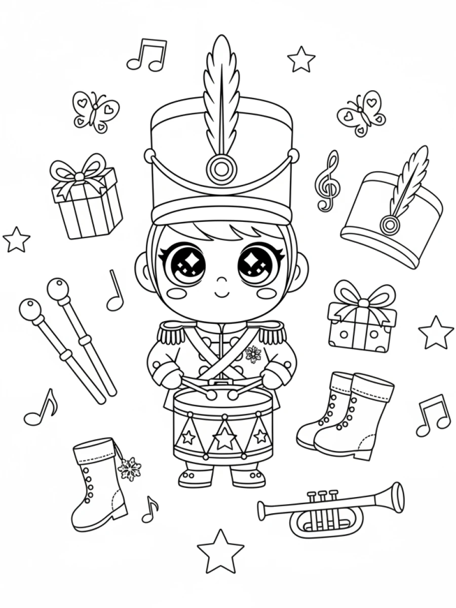 coloriage kawaii noël — Un soldat jouet kawaii en uniforme, tenant un tambour, avec des cadeaux et des étoiles.