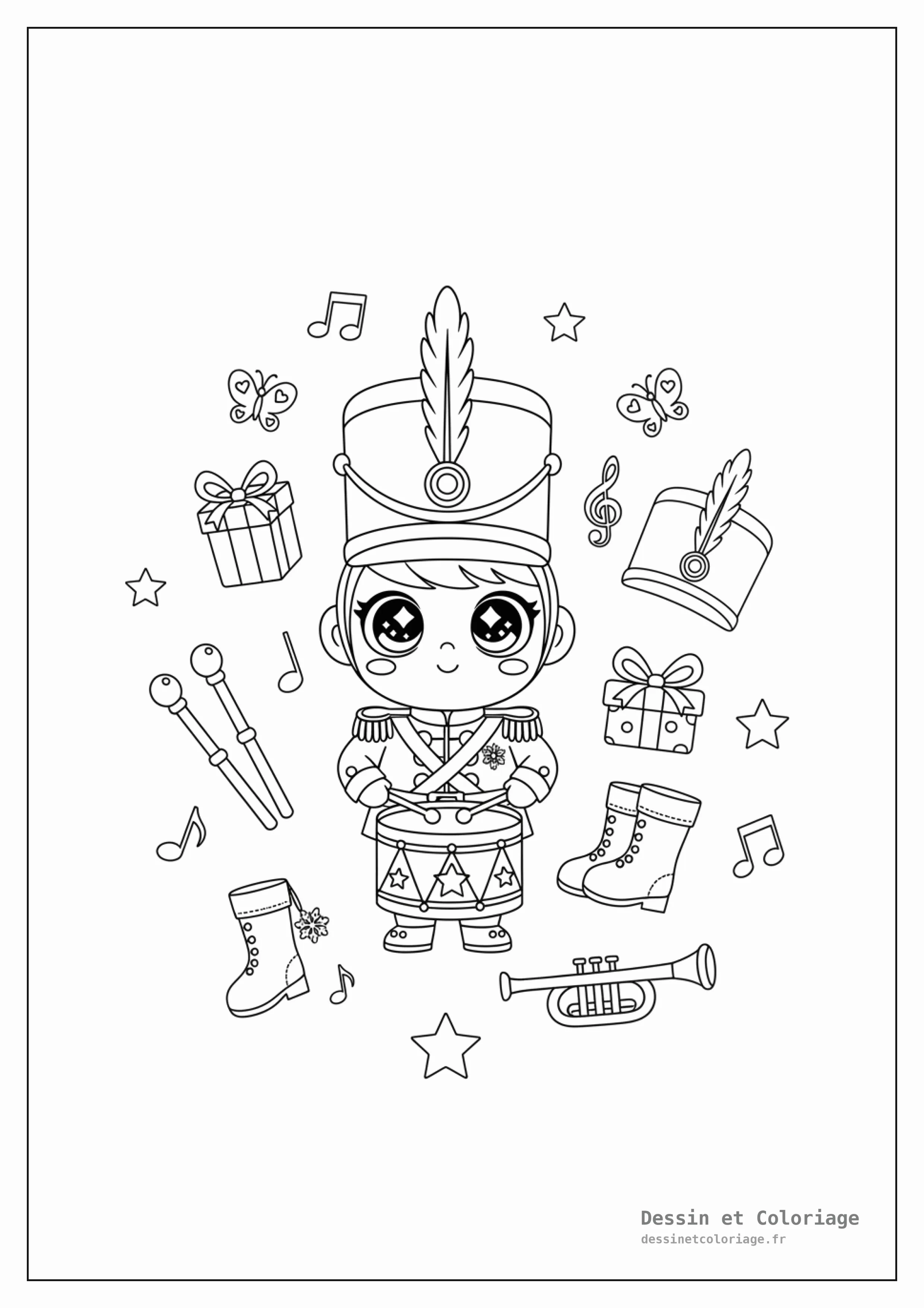 coloriage kawaii noël — Un soldat jouet kawaii en uniforme, tenant un tambour, avec des cadeaux et des étoiles.