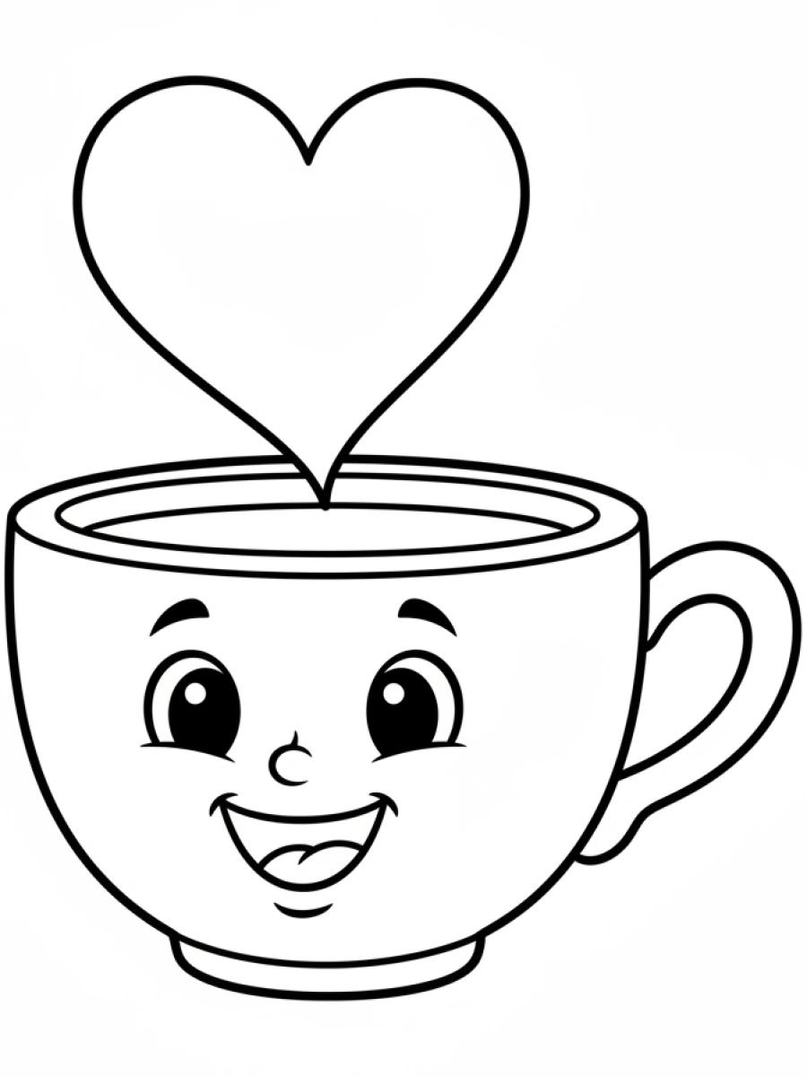 coloriage kawaii facile — Une tasse de thé souriante avec de la vapeur formant un cœur et de grands yeux joyeux.