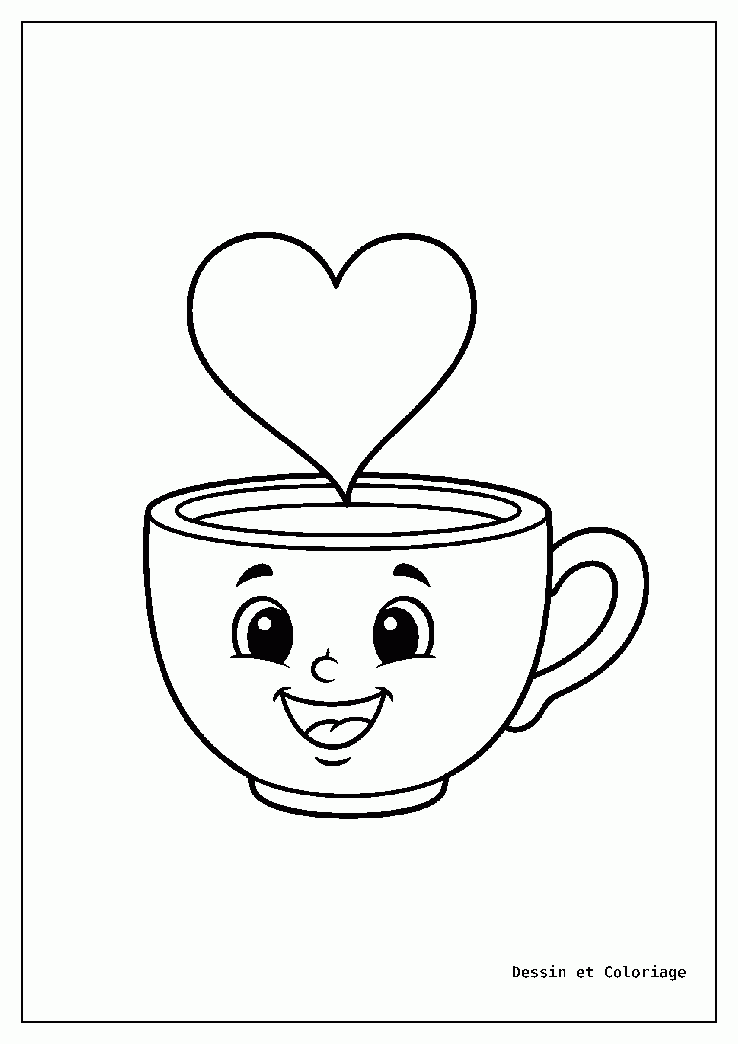 coloriage kawaii facile — Une tasse de thé souriante avec de la vapeur formant un cœur et de grands yeux joyeux.