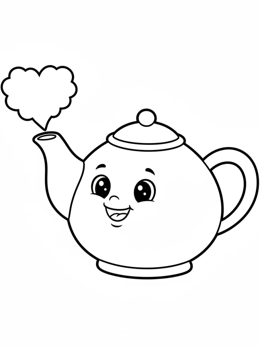 coloriage kawaii facile — Une petite théière avec un visage mignon et de la vapeur en forme de cœur, de grands yeux doux.