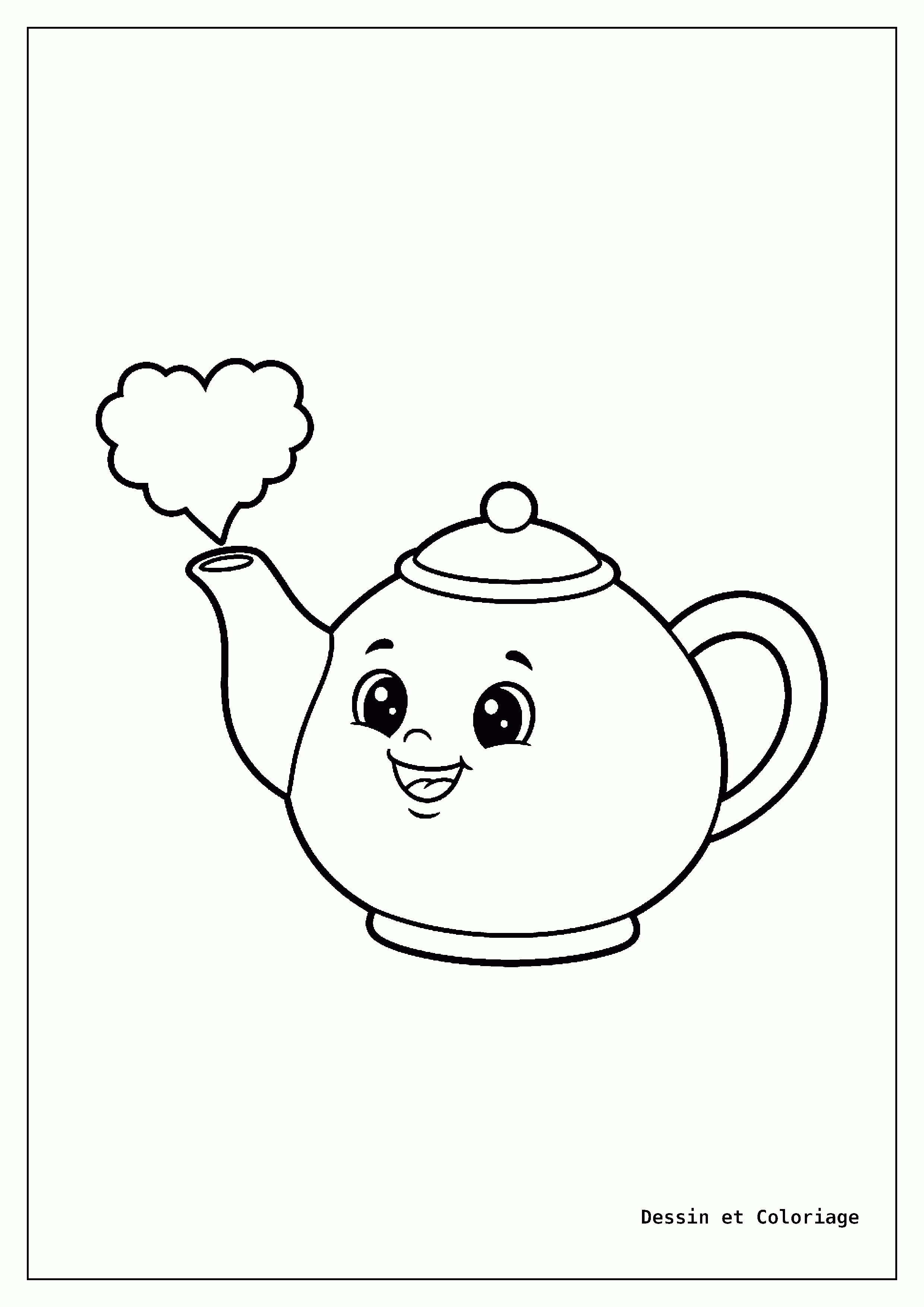 coloriage kawaii facile — Une petite théière avec un visage mignon et de la vapeur en forme de cœur, de grands yeux doux.