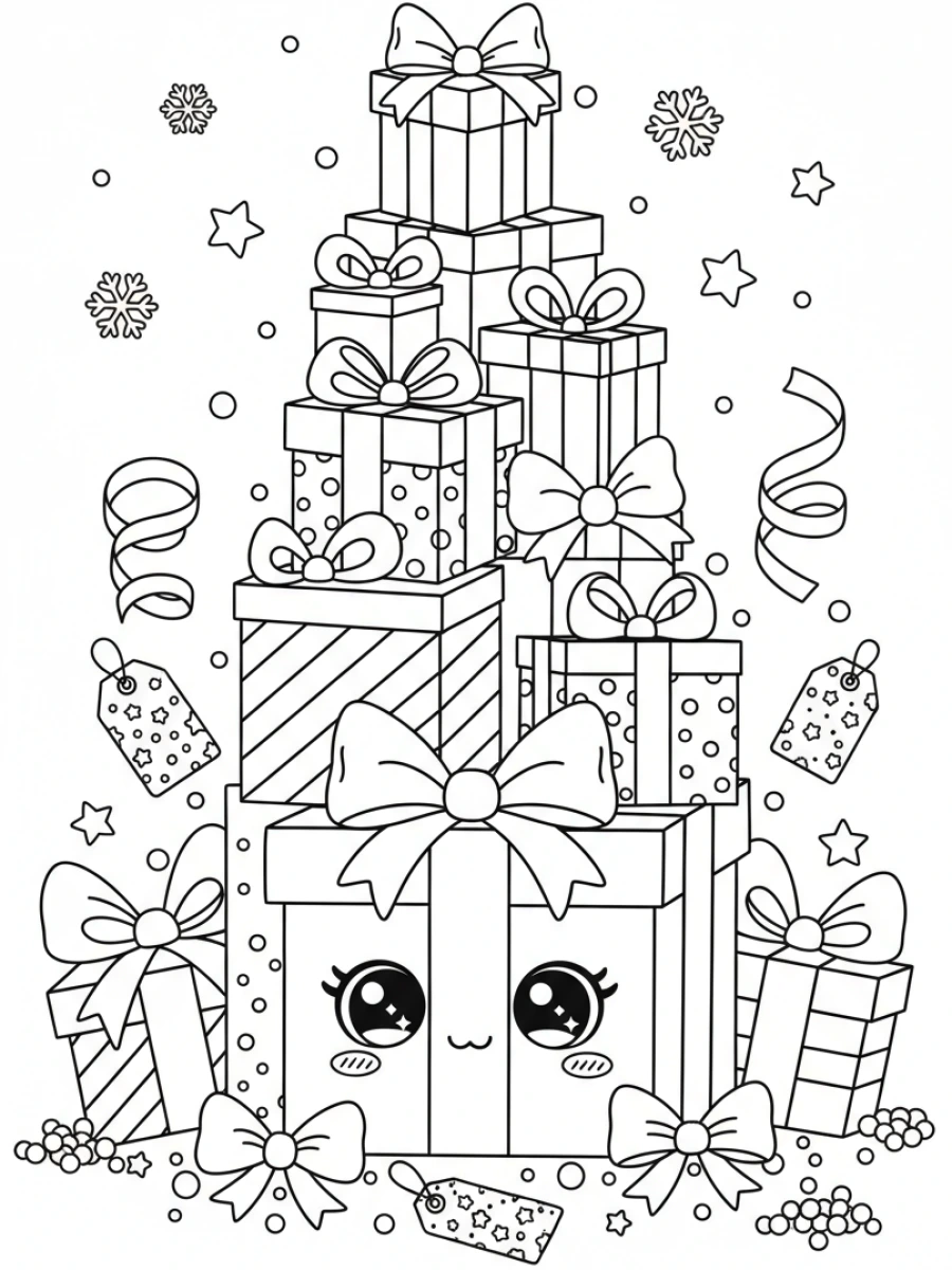 Coloriage tour cadeaux Noël kawaii et rubans