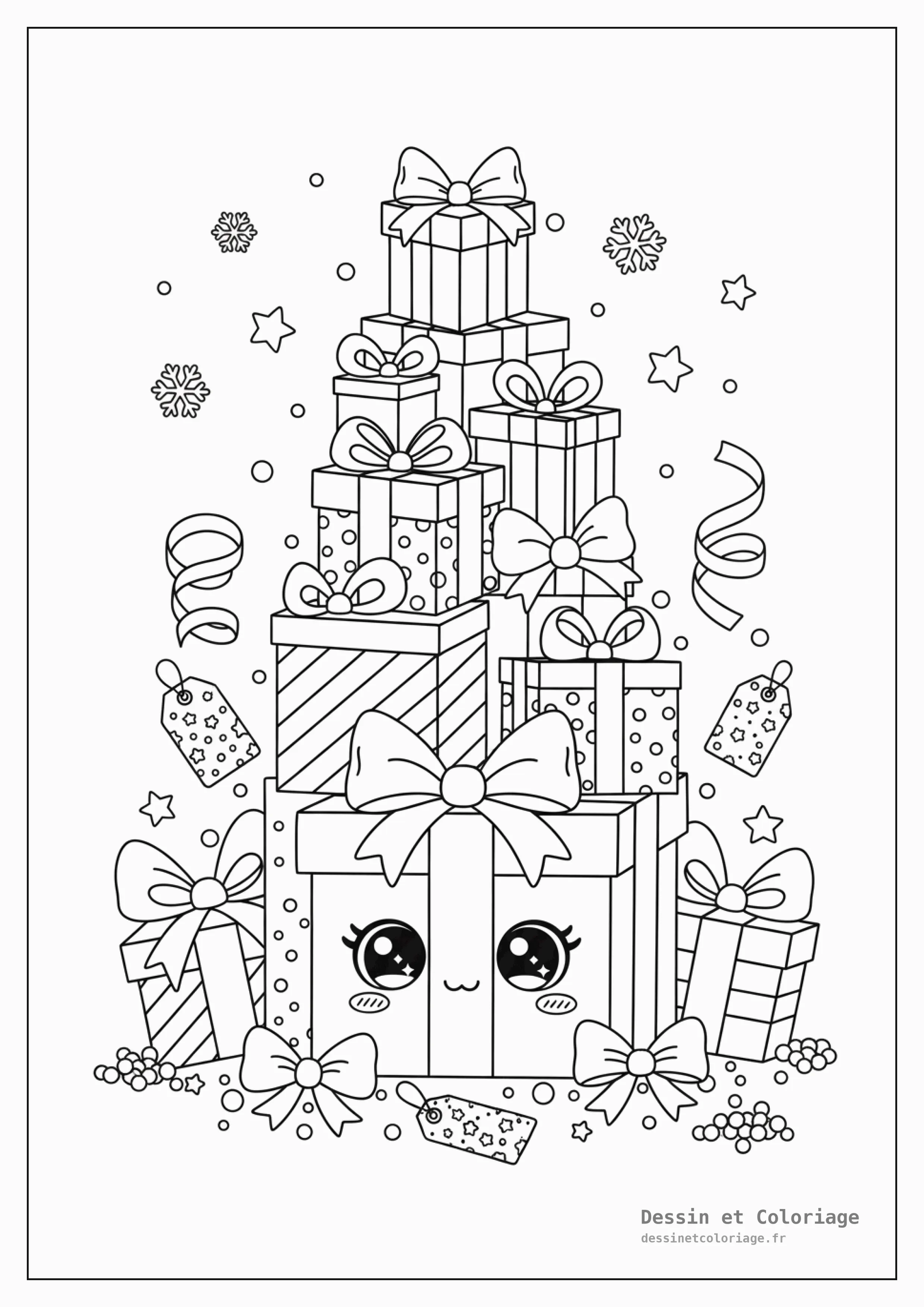 coloriage kawaii noël — Une pile de boîtes cadeaux kawaii ornées de rubans et d'étiquettes, avec des étoiles flottantes.