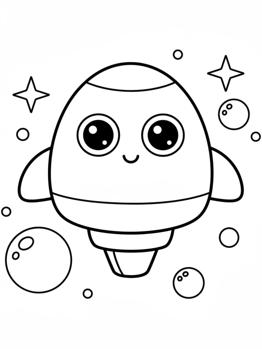 coloriage kawaii facile — Un petit vaisseau spatial amical avec un visage mignon et de grands hublots en guise d'yeux.