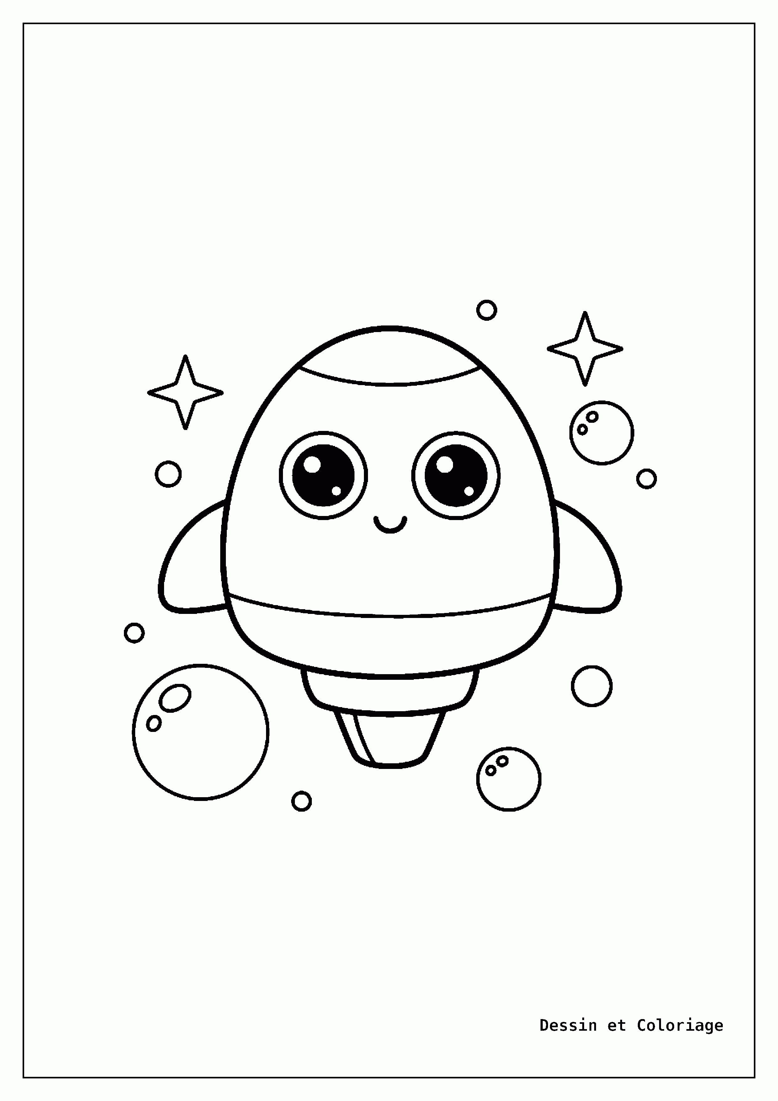coloriage kawaii facile — Un petit vaisseau spatial amical avec un visage mignon et de grands hublots en guise d'yeux.