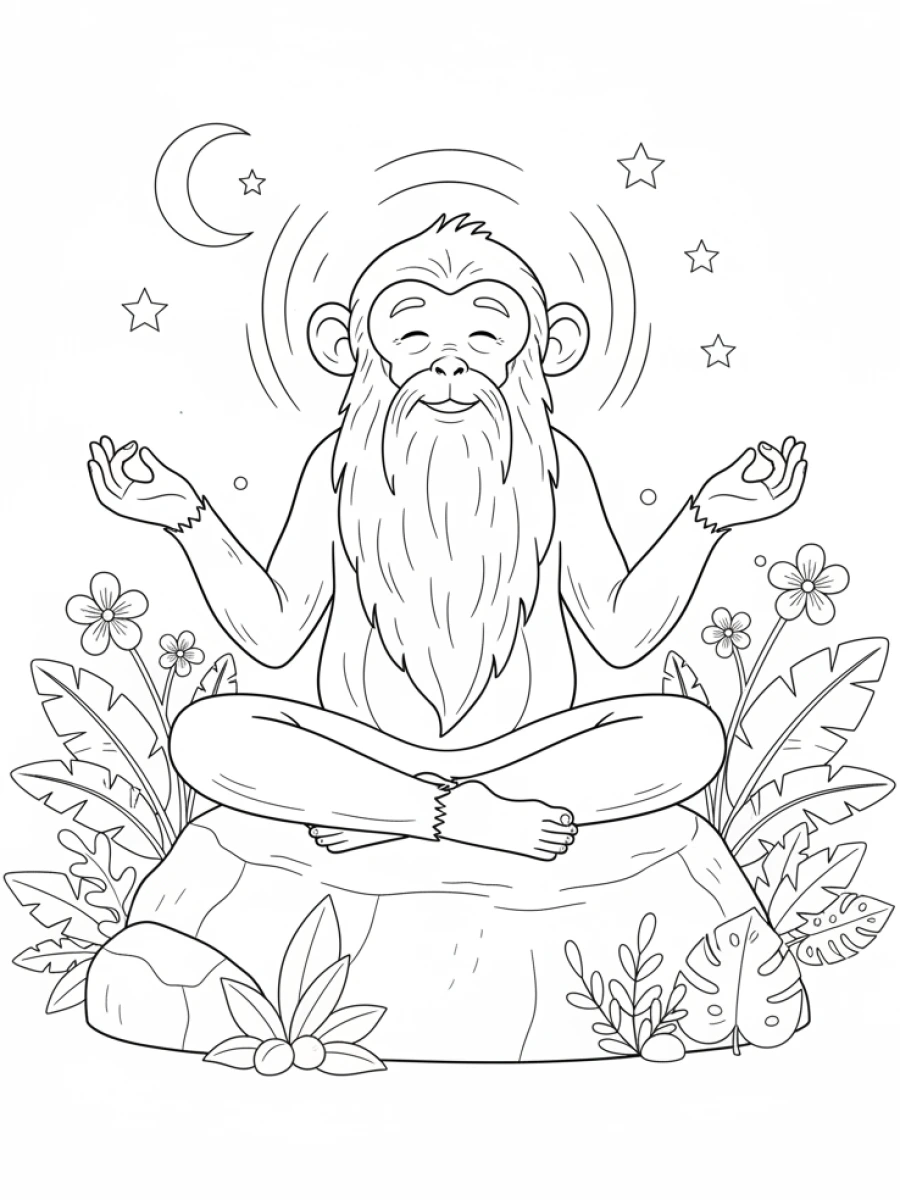 coloriage singe — Vieux singe sage avec une longue barbe, assis en position de méditation sur un rocher, avec une expression sereine et une aura douce.