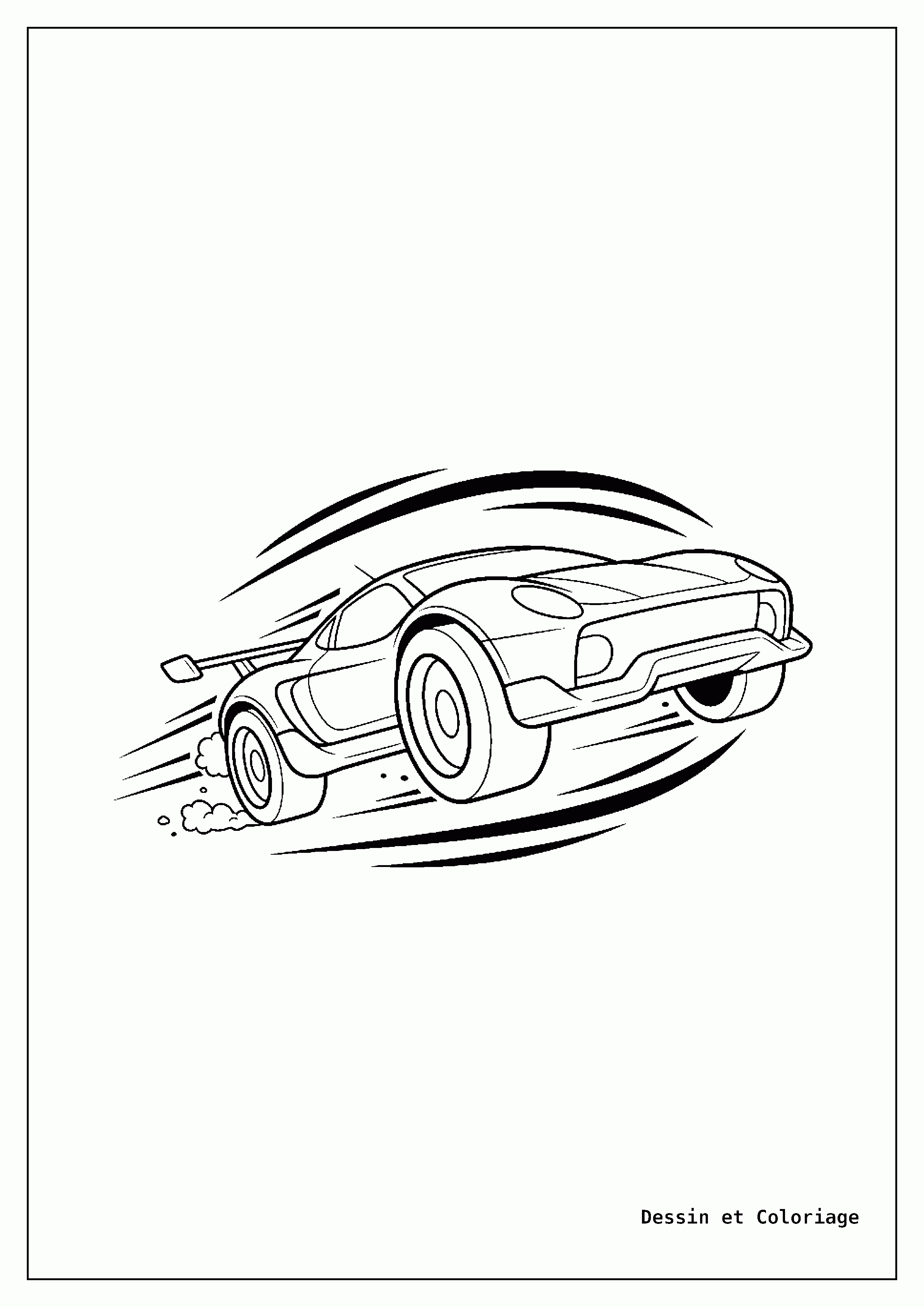 coloriage voiture de course — Voiture de course en pleine accélération, légèrement penchée vers l'arrière, avec des lignes dynamiques suggérant la vitesse.