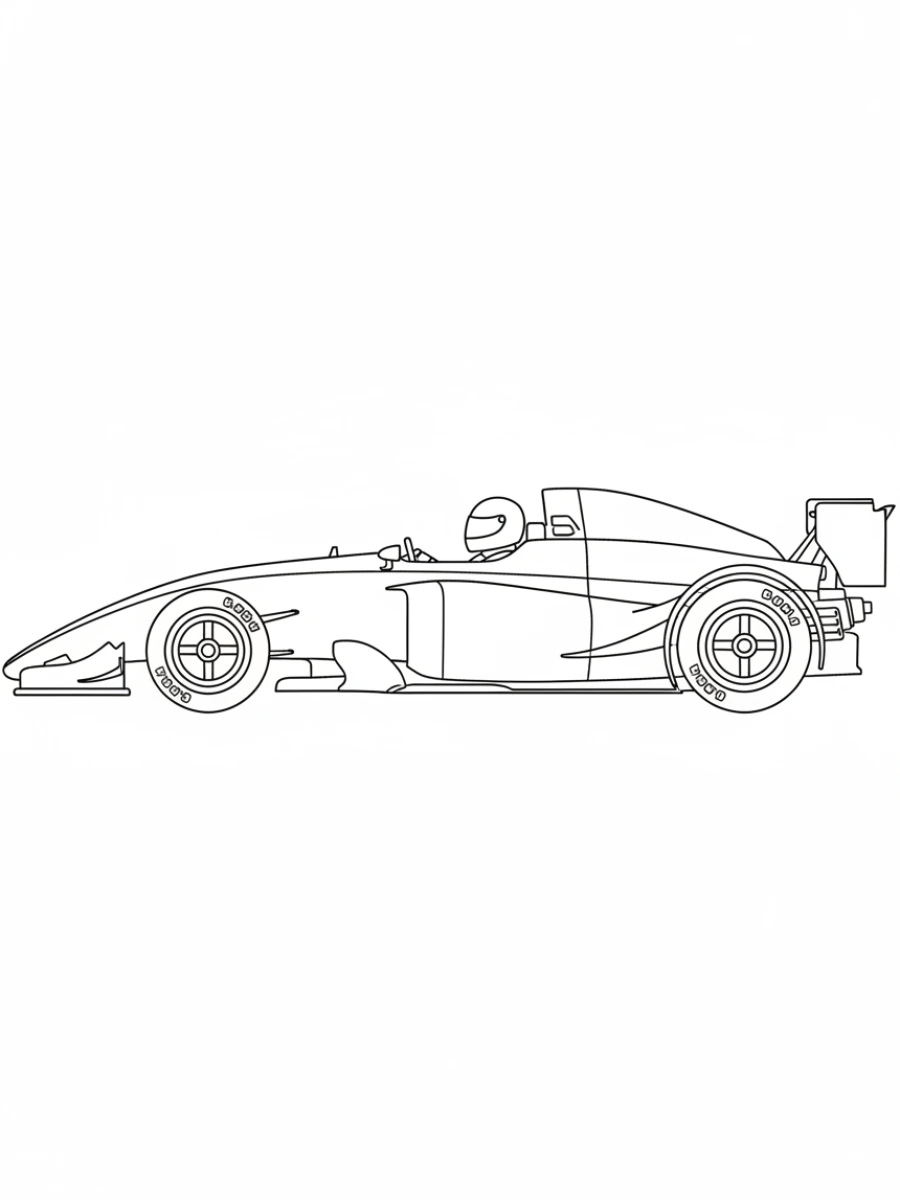 coloriage voiture de course — Voiture de course vue de profil, présentant tous les détails de sa longueur et de sa hauteur.