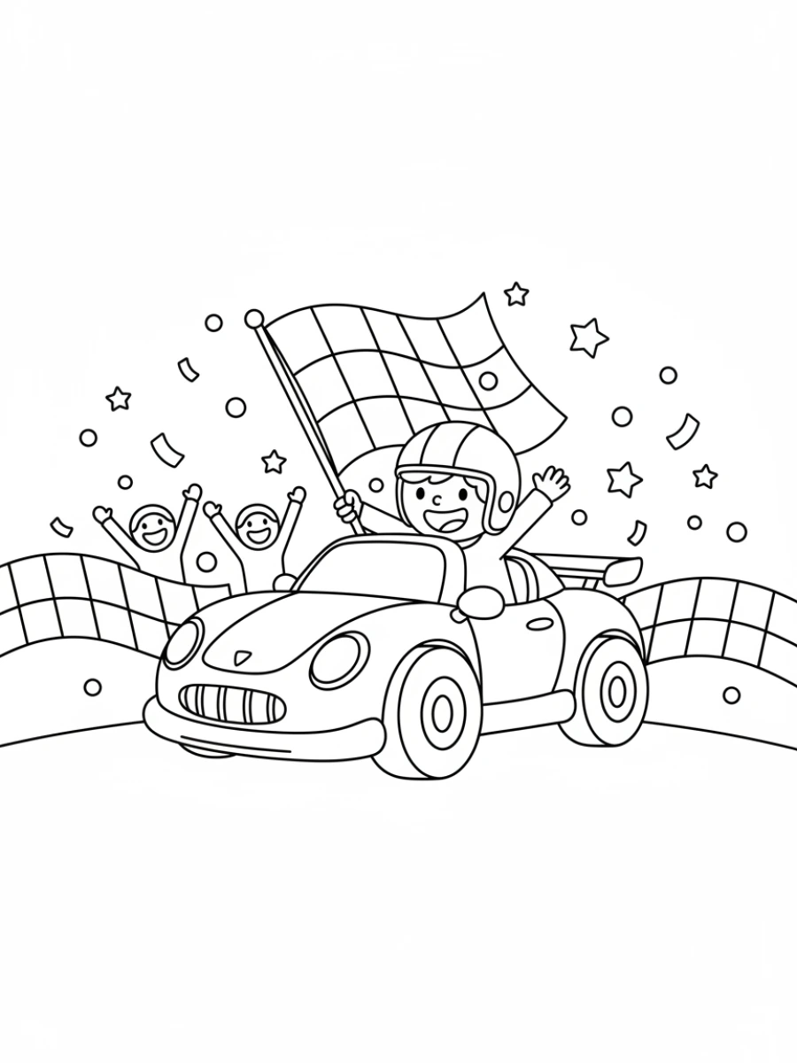 coloriage voiture de course — Voiture de course franchissant la ligne d'arrivée avec un drapeau à damier agité, scène de célébration.