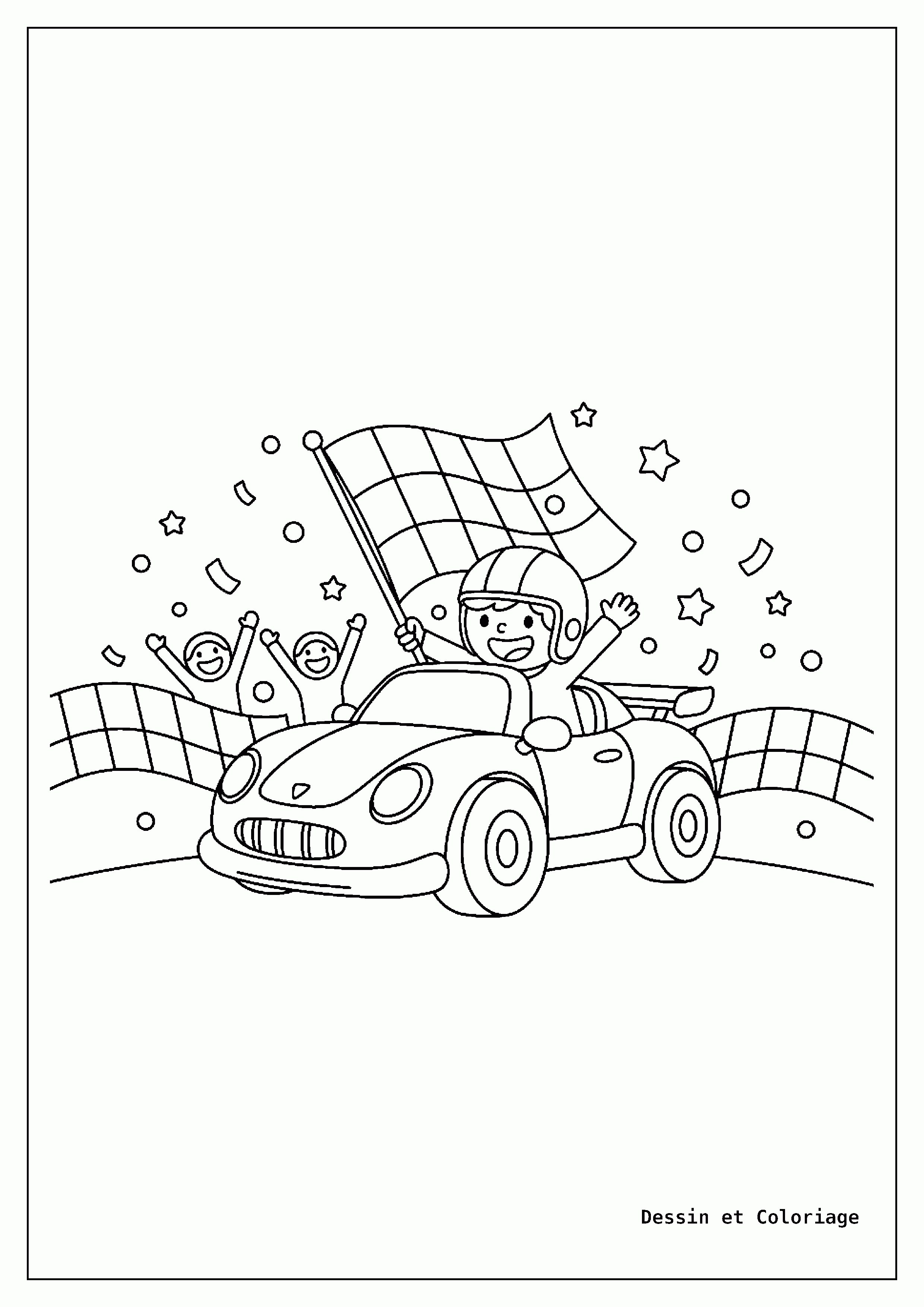coloriage voiture de course — Voiture de course franchissant la ligne d'arrivée avec un drapeau à damier agité, scène de célébration.