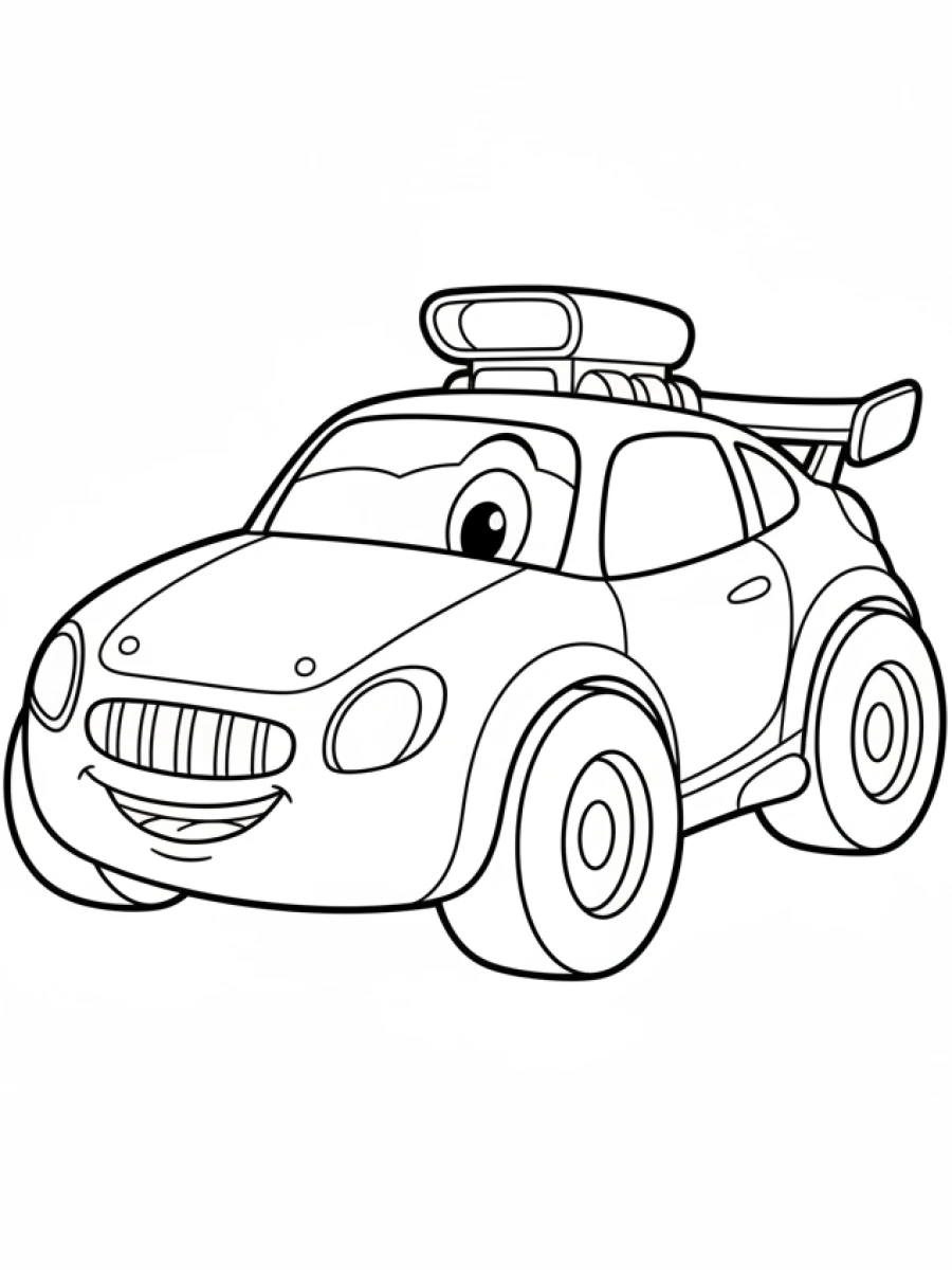 coloriage voiture de course — Voiture de course simple et amicale pour jeunes enfants, avec de grosses roues et un visage souriant.