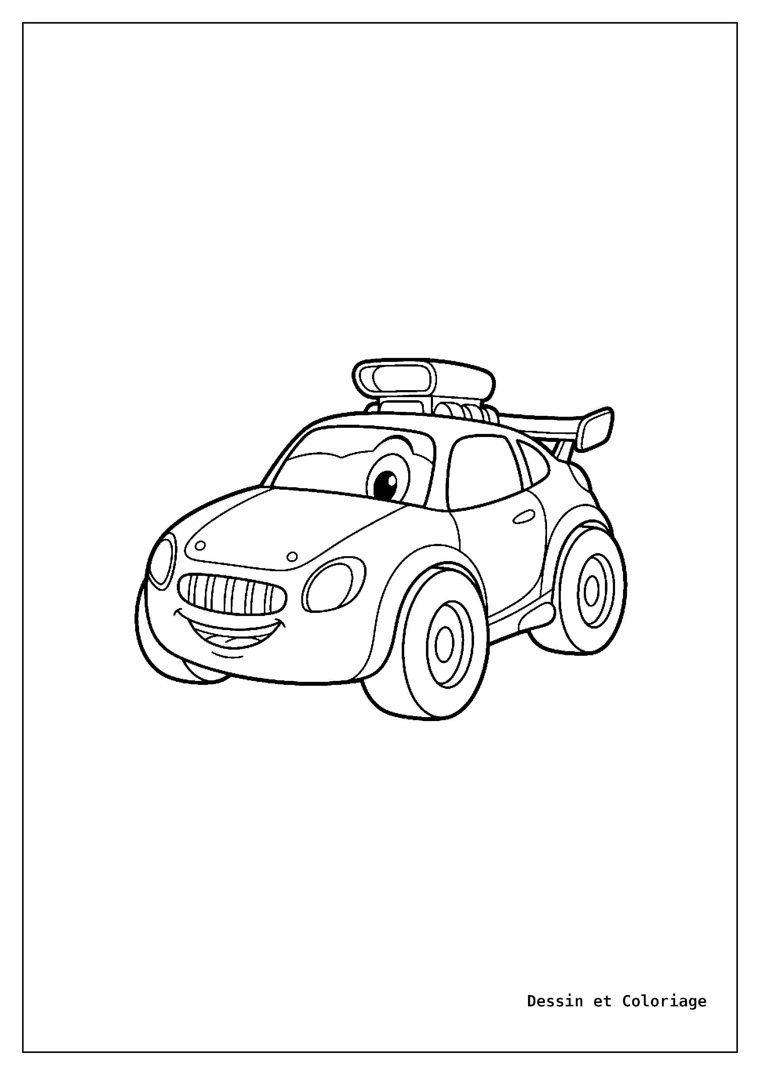 coloriage voiture de course — Voiture de course simple et amicale pour jeunes enfants, avec de grosses roues et un visage souriant.