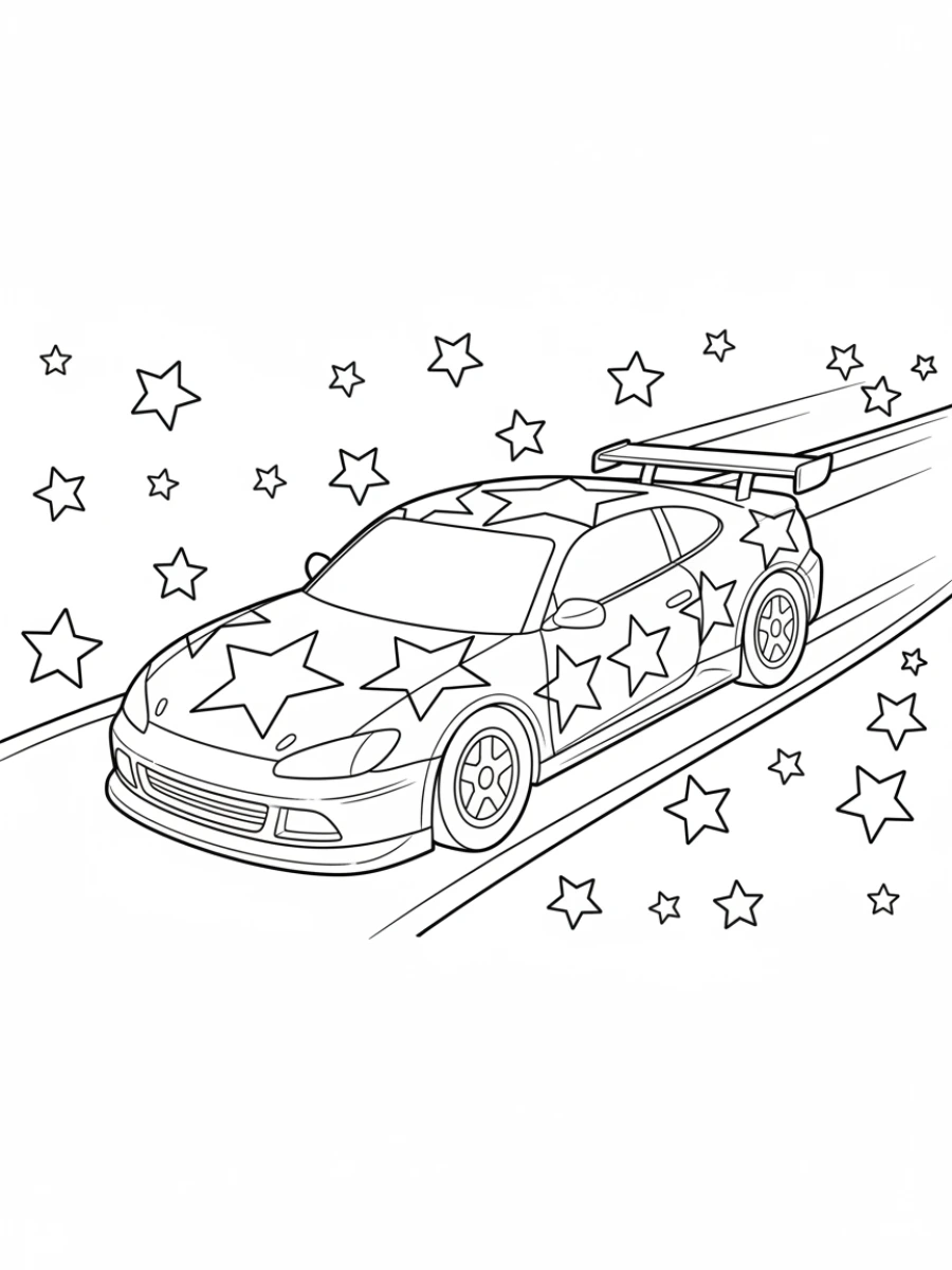 coloriage voiture de course — Voiture de course avec un motif d'étoiles sur sa carrosserie, roulant sur une piste avec un fond étoilé.