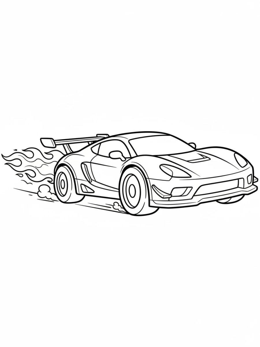 coloriage voiture de course — Voiture de course rapide avec des flammes stylisées sortant des pots d'échappement, en pleine action dynamique.