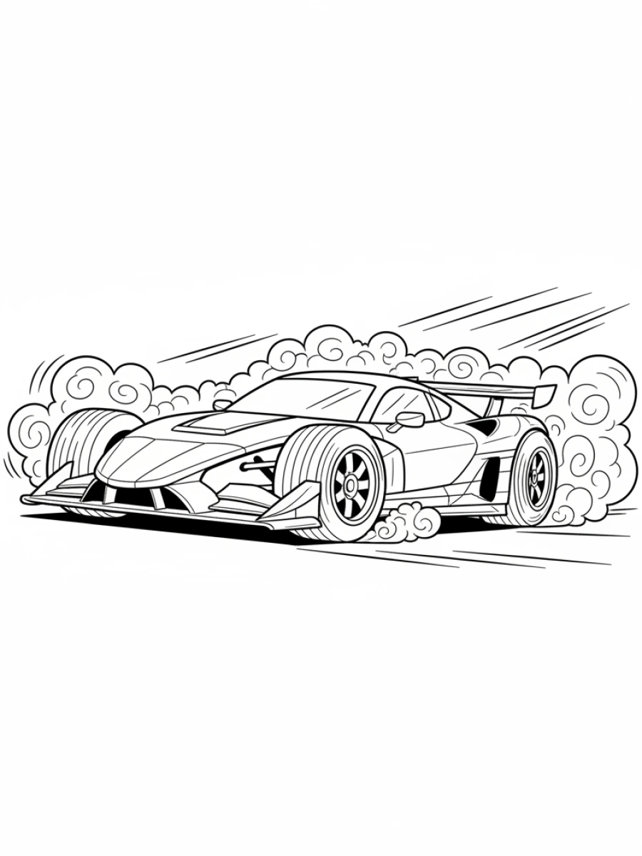 coloriage voiture de course — Voiture de course freinant brusquement, avec de la fumée s'échappant des pneus et des lignes de mouvement dynamiques.
