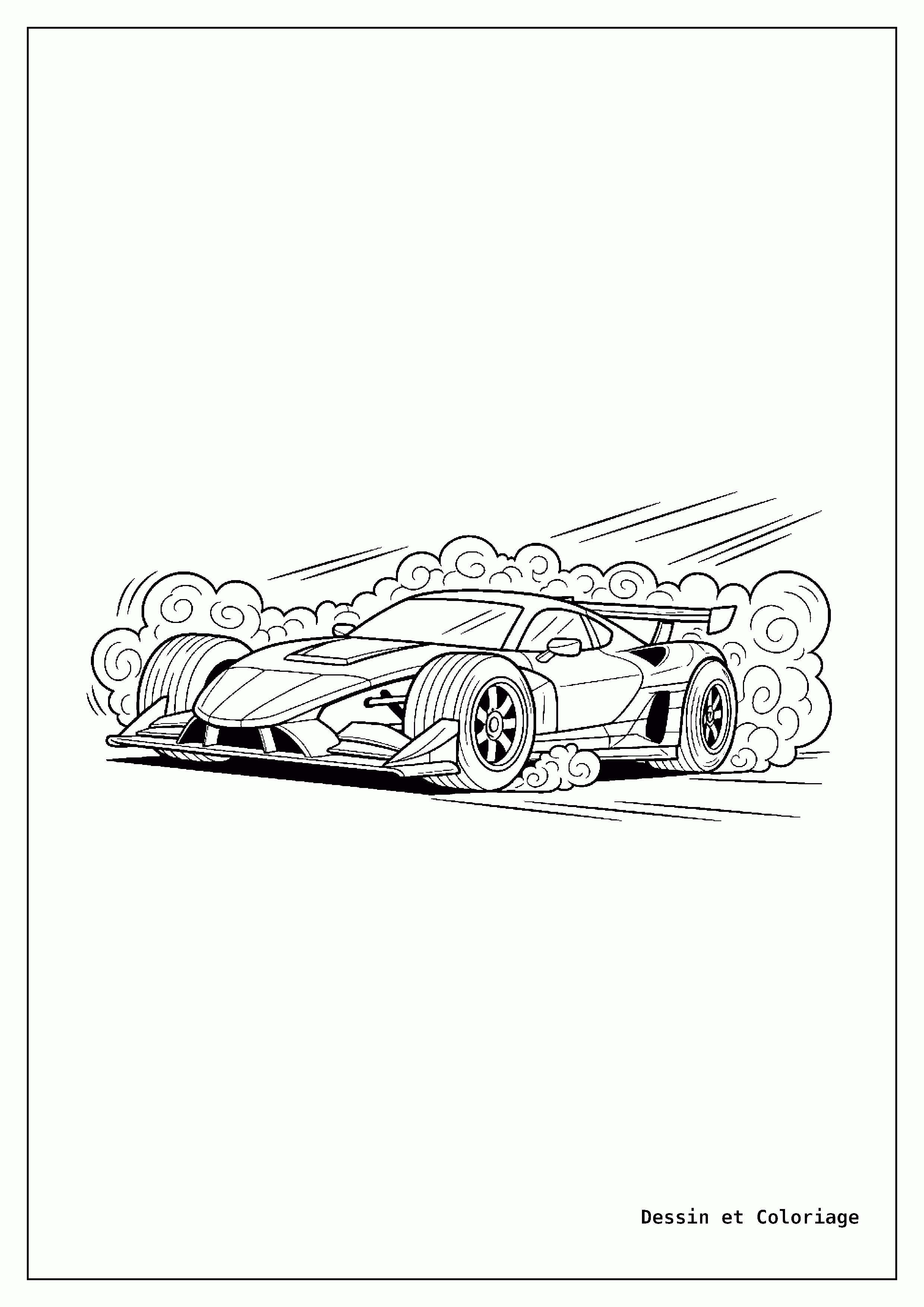 coloriage voiture de course — Voiture de course freinant brusquement, avec de la fumée s'échappant des pneus et des lignes de mouvement dynamiques.