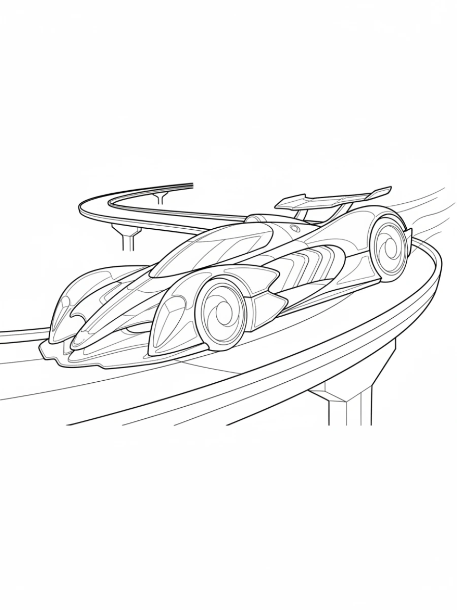 coloriage voiture de course — Voiture de course futuriste avec des lignes audacieuses et non conventionnelles, des éléments lumineux, légèrement au-dessus d'une piste.