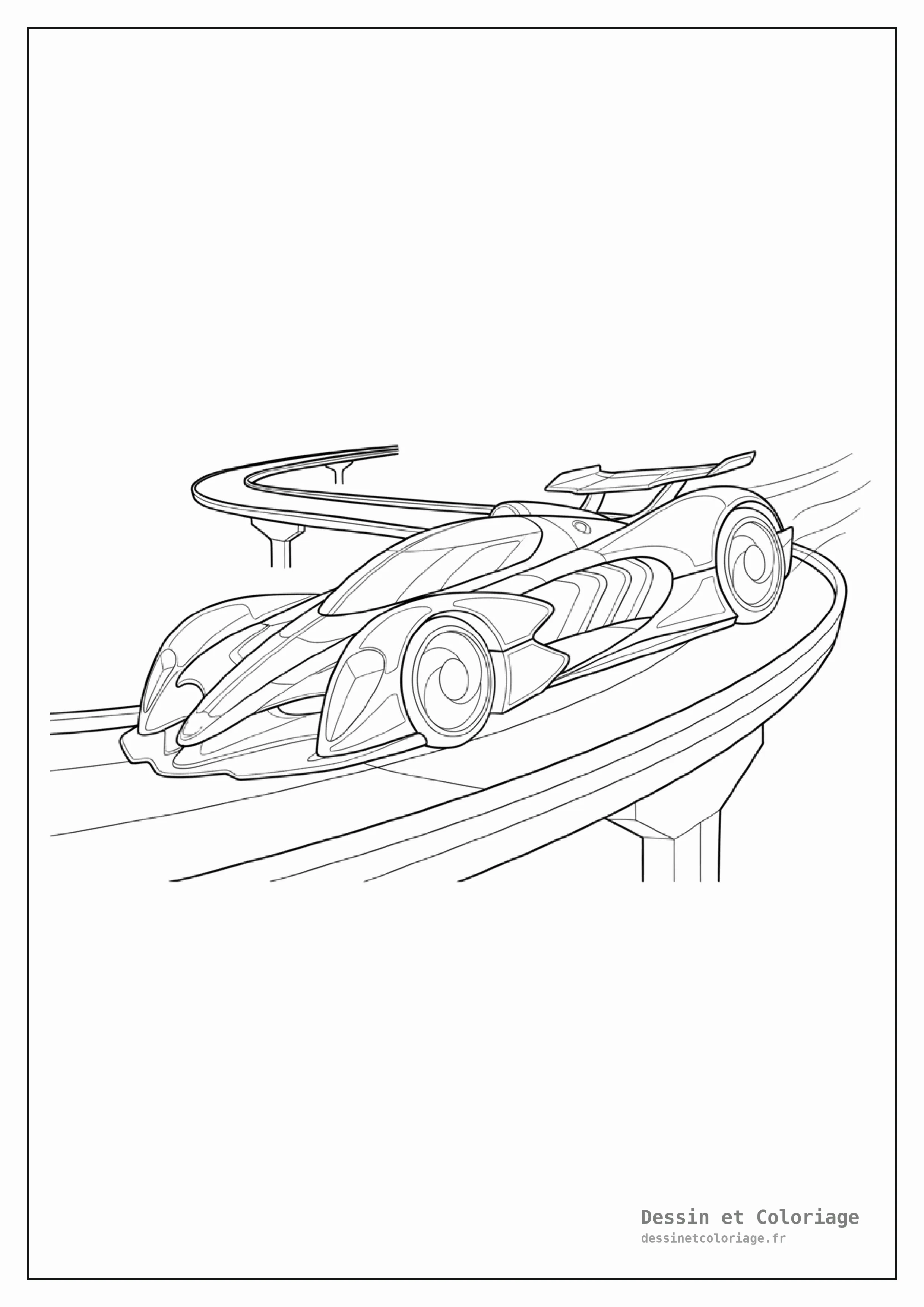 coloriage voiture de course — Voiture de course futuriste avec des lignes audacieuses et non conventionnelles, des éléments lumineux, légèrement au-dessus d'une piste.
