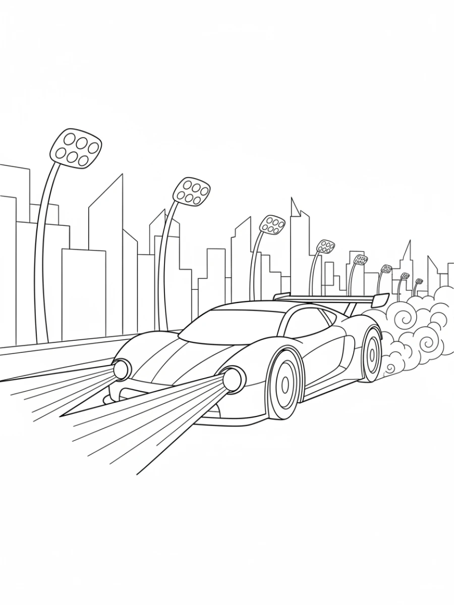 coloriage voiture de course — Voiture de course roulant la nuit, phares allumés, avec des lumières de ville ou de piste en arrière-plan.