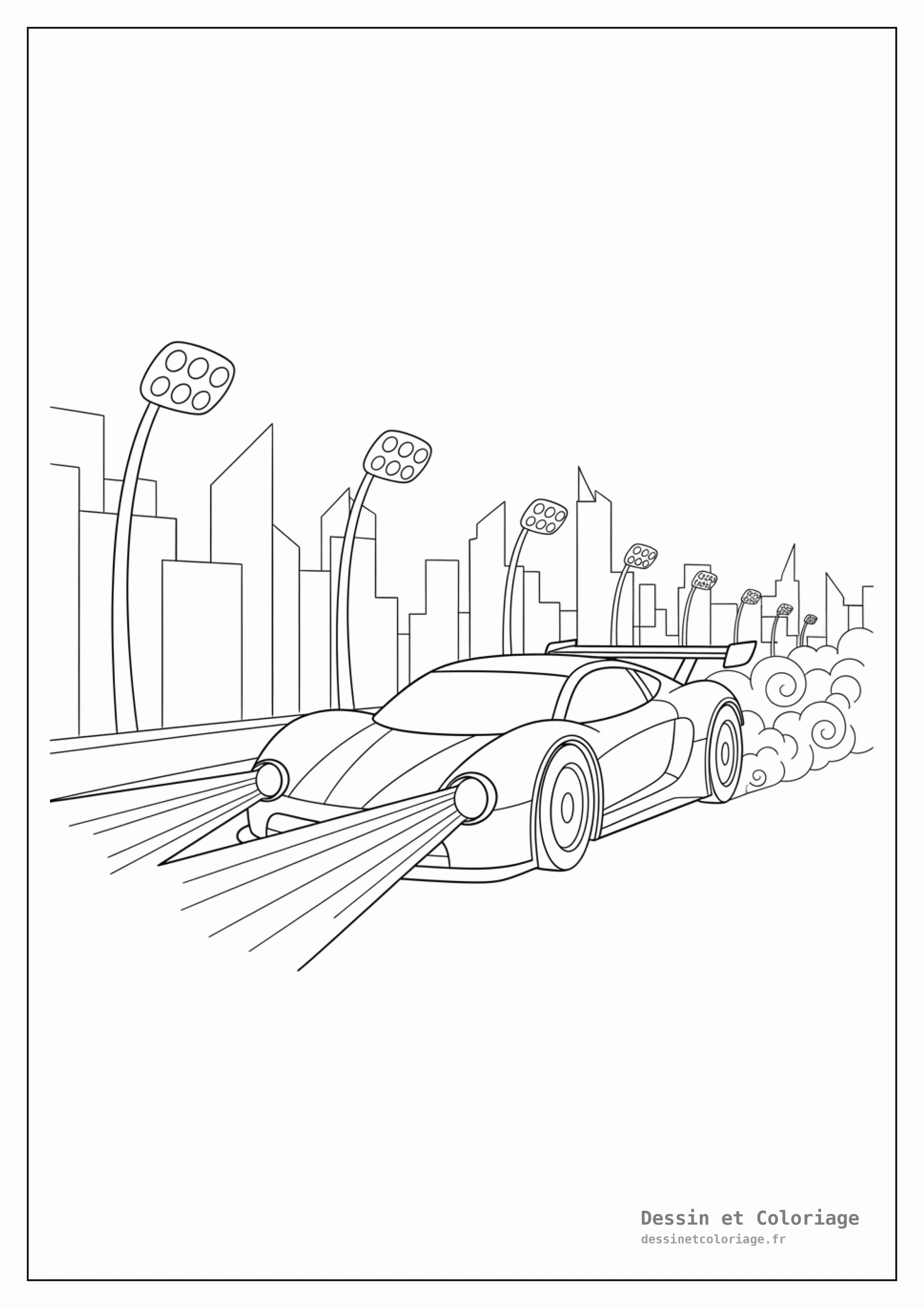 coloriage voiture de course — Voiture de course roulant la nuit, phares allumés, avec des lumières de ville ou de piste en arrière-plan.