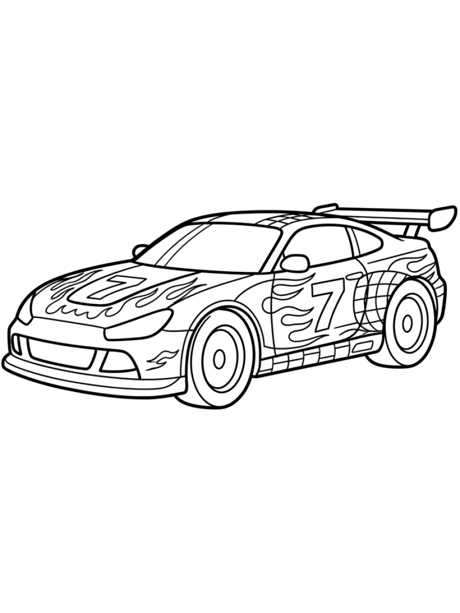 coloriage voiture de course — Voiture de course avec un grand numéro 7 visible sur le côté, prête pour la compétition, design détaillé.