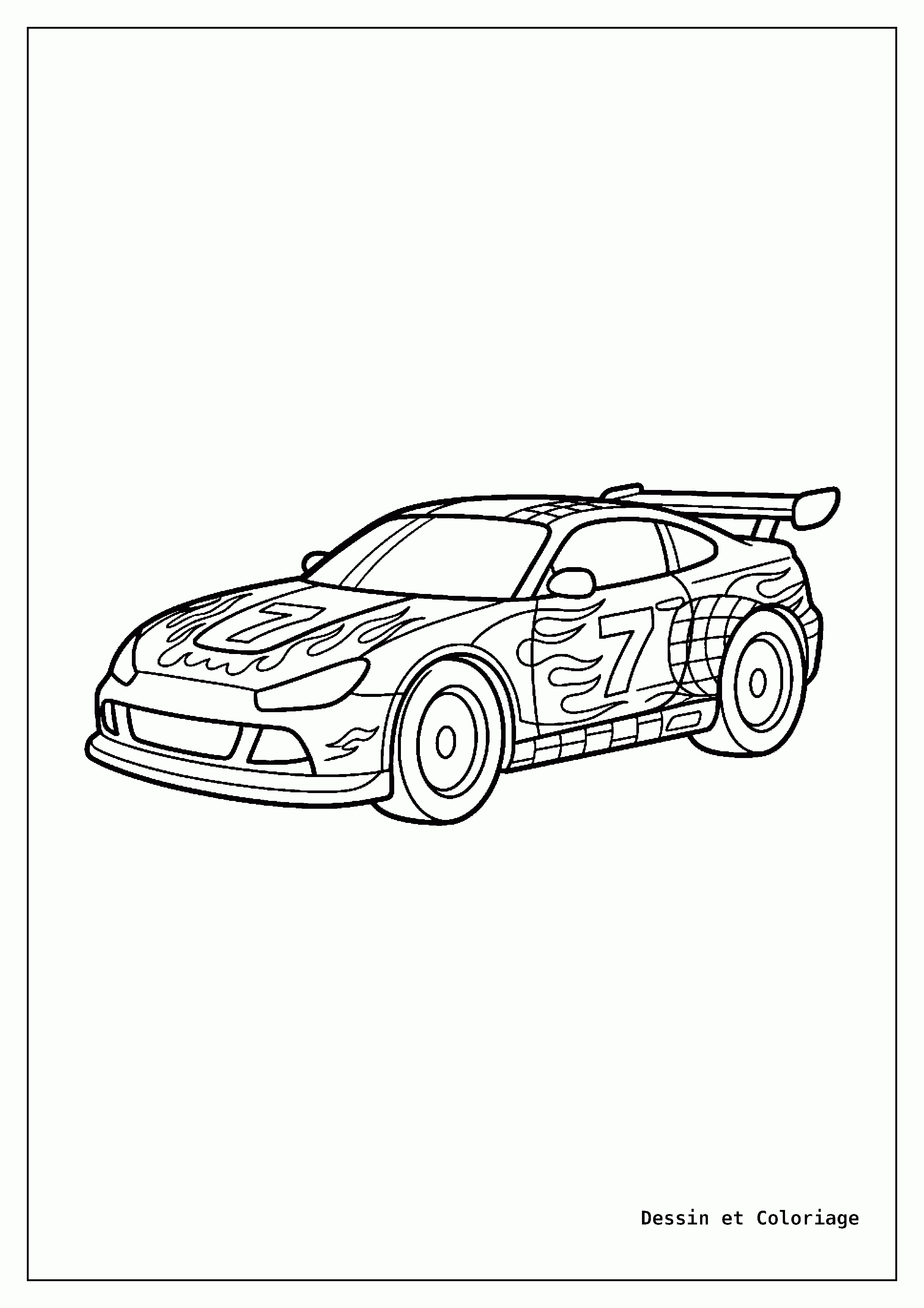 coloriage voiture de course — Voiture de course avec un grand numéro 7 visible sur le côté, prête pour la compétition, design détaillé.