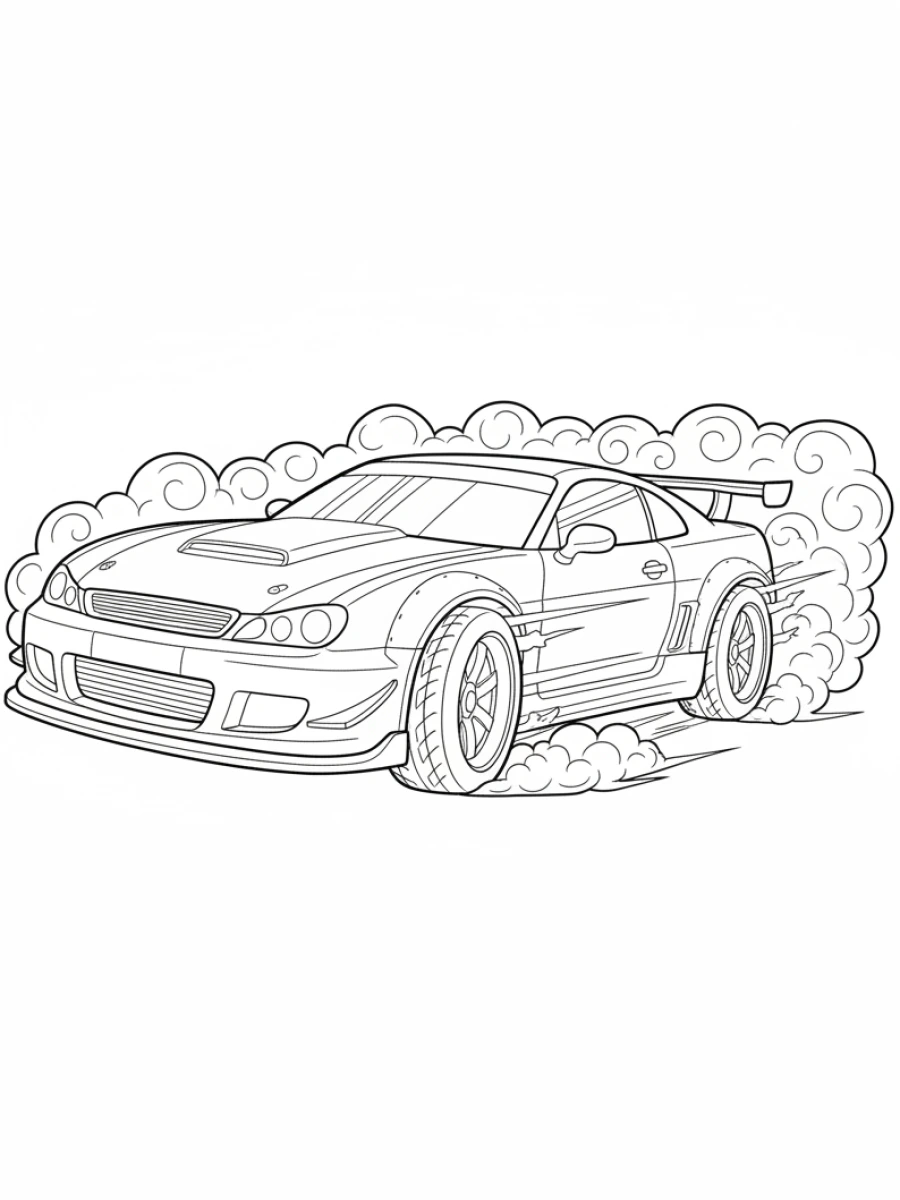 coloriage voiture de course — Voiture de course avec des pneus fumants lors d'un burnout ou d'un dérapage contrôlé, scène dynamique et excitante.
