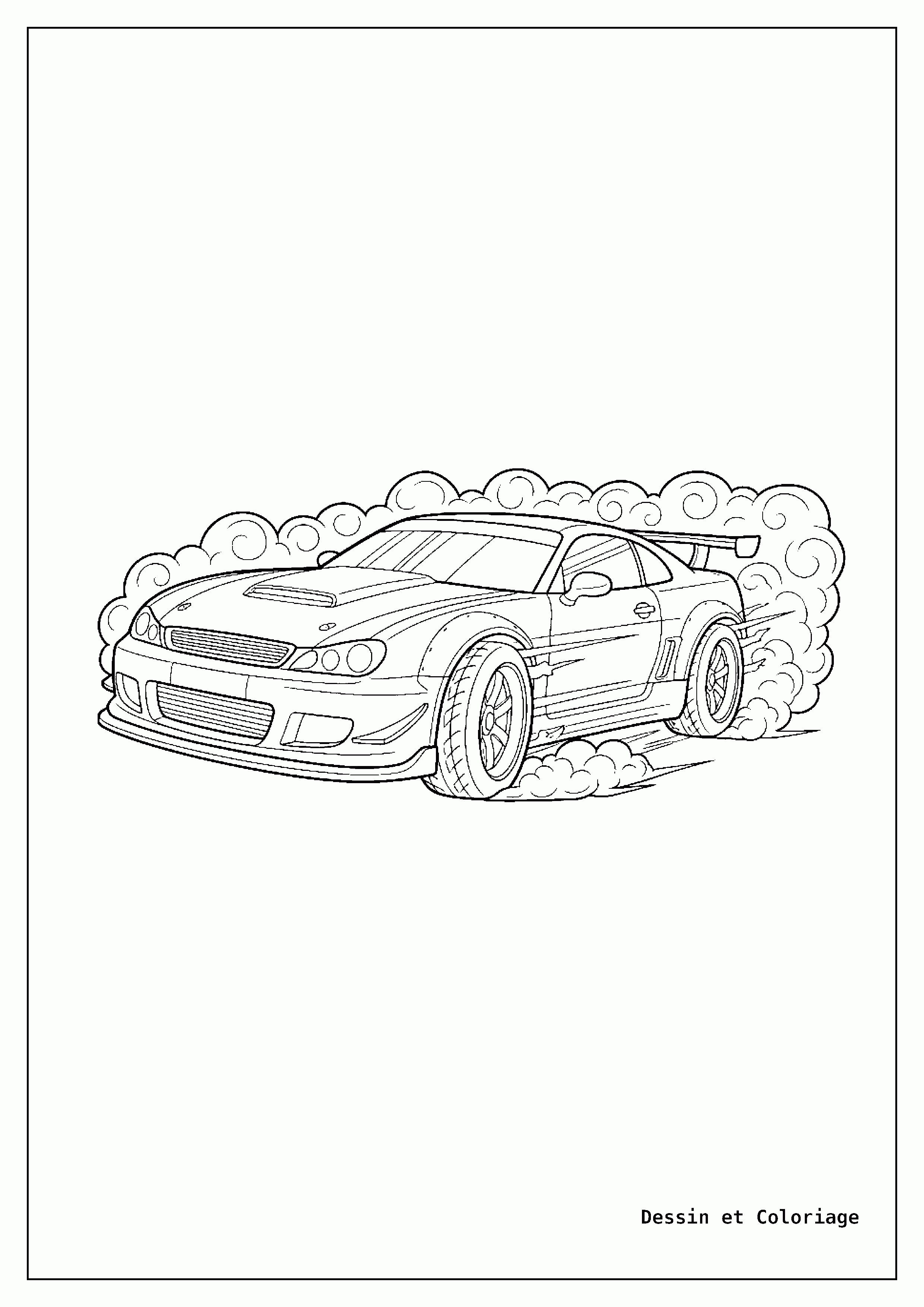 coloriage voiture de course — Voiture de course avec des pneus fumants lors d'un burnout ou d'un dérapage contrôlé, scène dynamique et excitante.