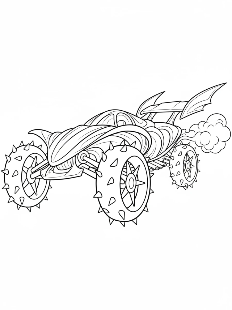 coloriage voiture de course — Voiture de course très stylisée, avec un design artistique et abstrait, des caractéristiques exagérées pour un impact visuel.