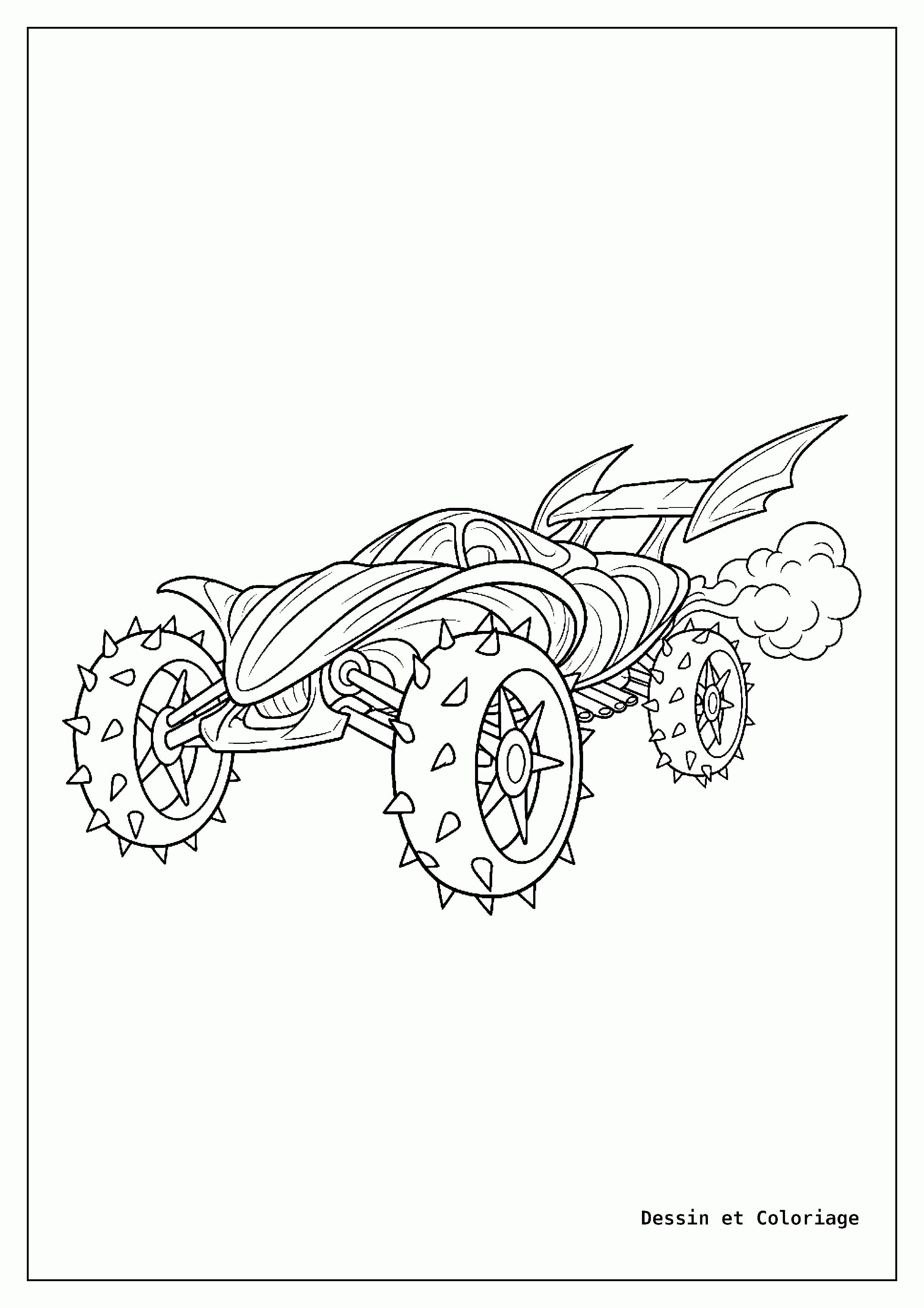 coloriage voiture de course — Voiture de course très stylisée, avec un design artistique et abstrait, des caractéristiques exagérées pour un impact visuel.