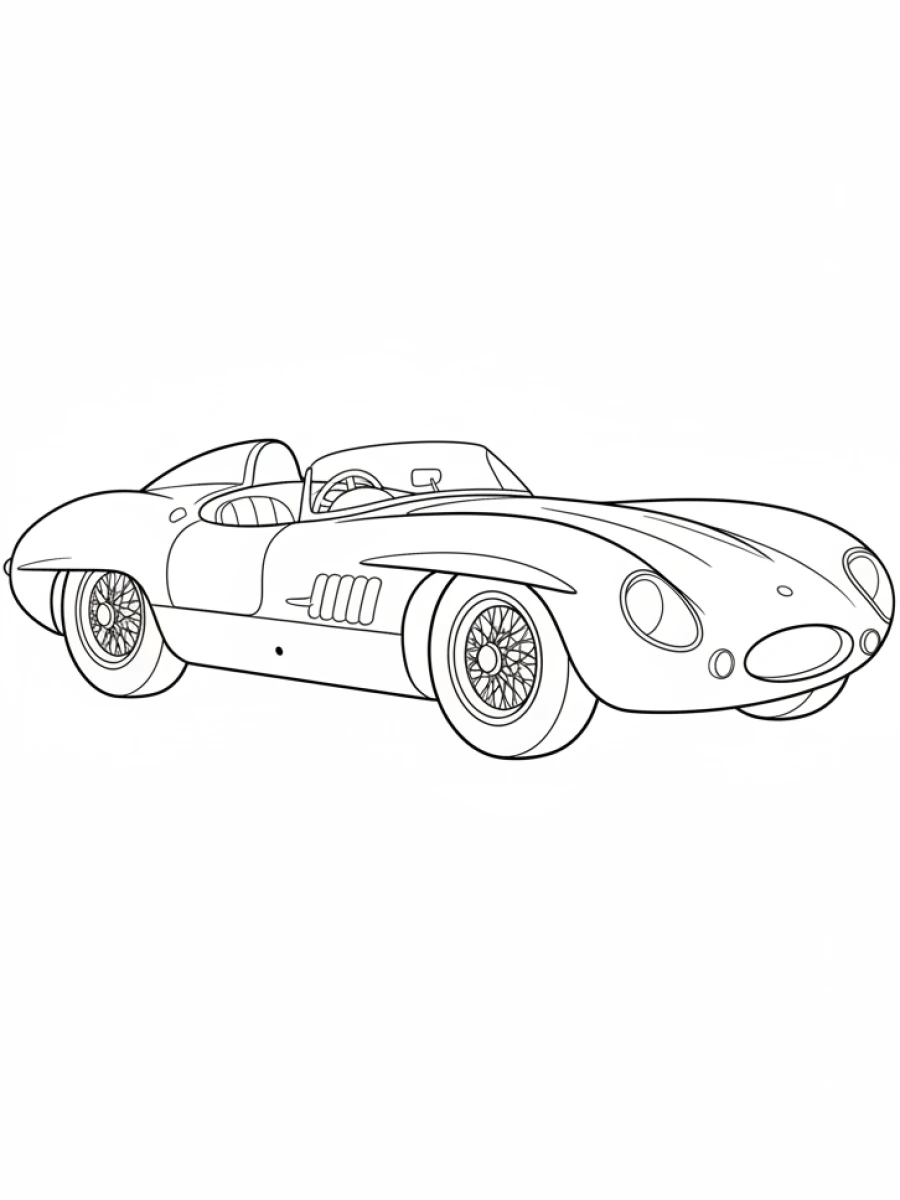coloriage voiture de course — Voiture de course vintage des années 1950, décapotable, avec des roues apparentes et un design élégant et simple.