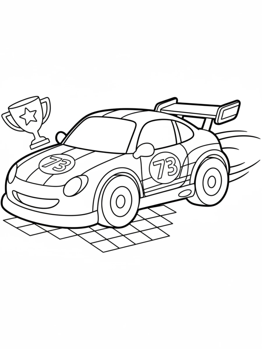 coloriage voiture de course — Une voiture de course stylisée est représentée de profil, avec des pneus larges et un aileron arrière.