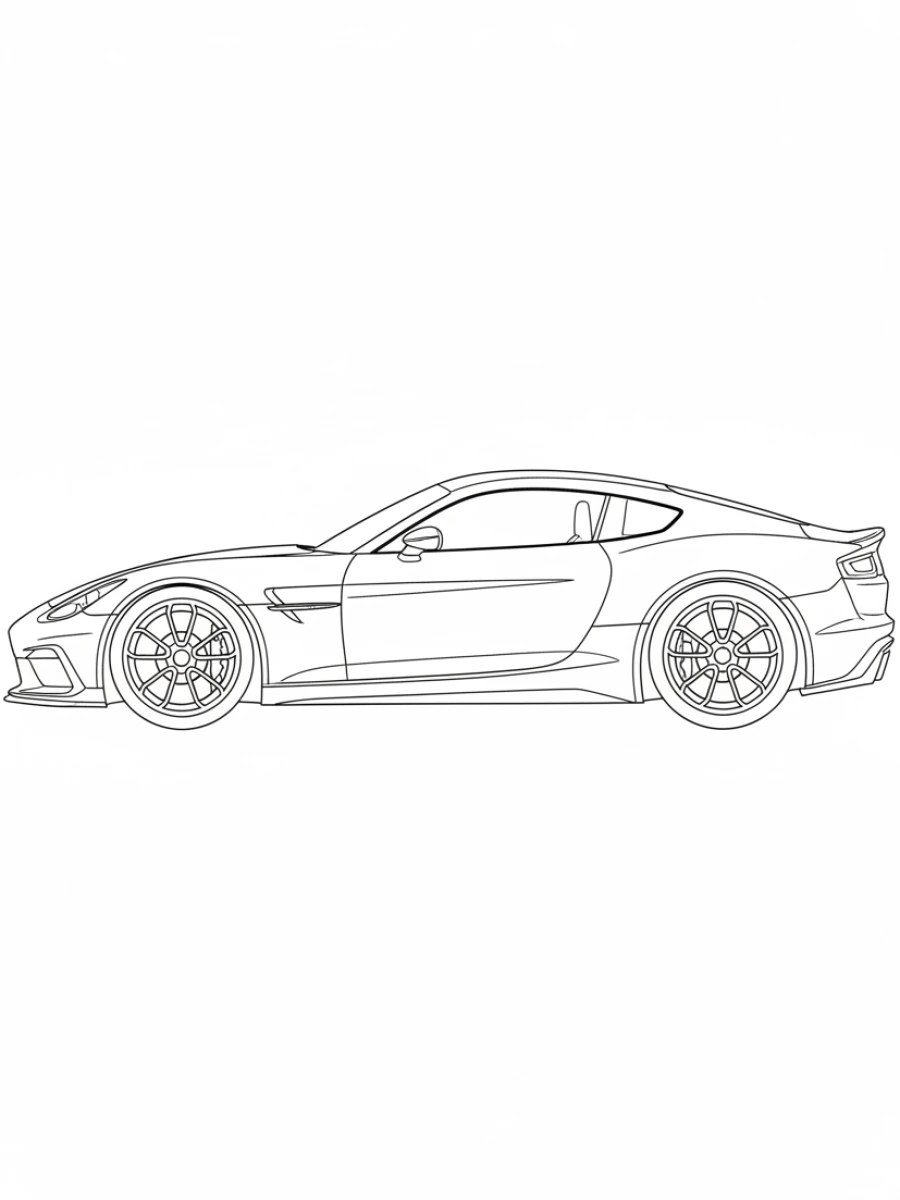 coloriage voiture de course — Voiture GT élégante à l'arrêt, présentant des lignes fluides et un design sophistiqué, avec de grandes roues.