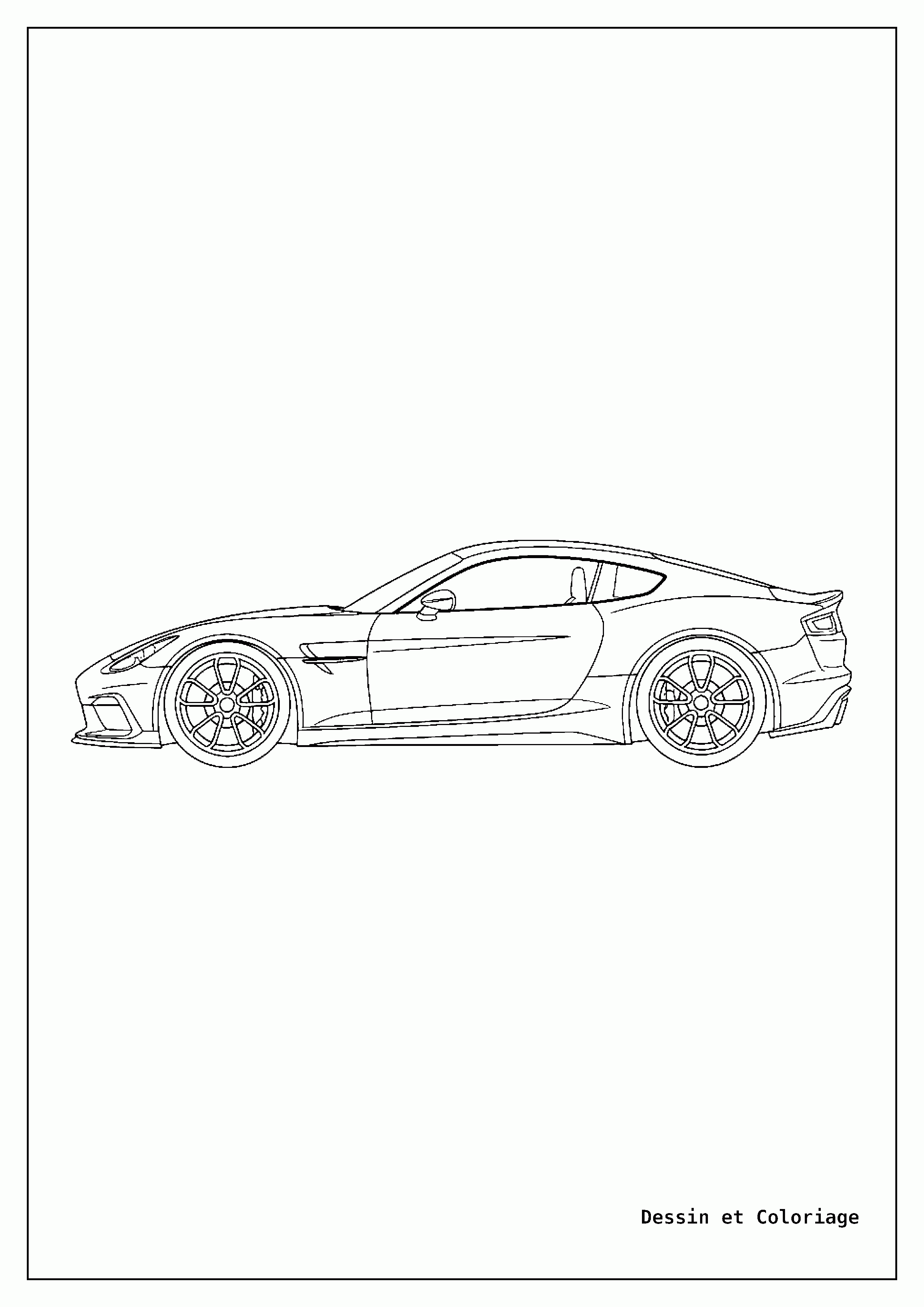 coloriage voiture de course — Voiture GT élégante à l'arrêt, présentant des lignes fluides et un design sophistiqué, avec de grandes roues.