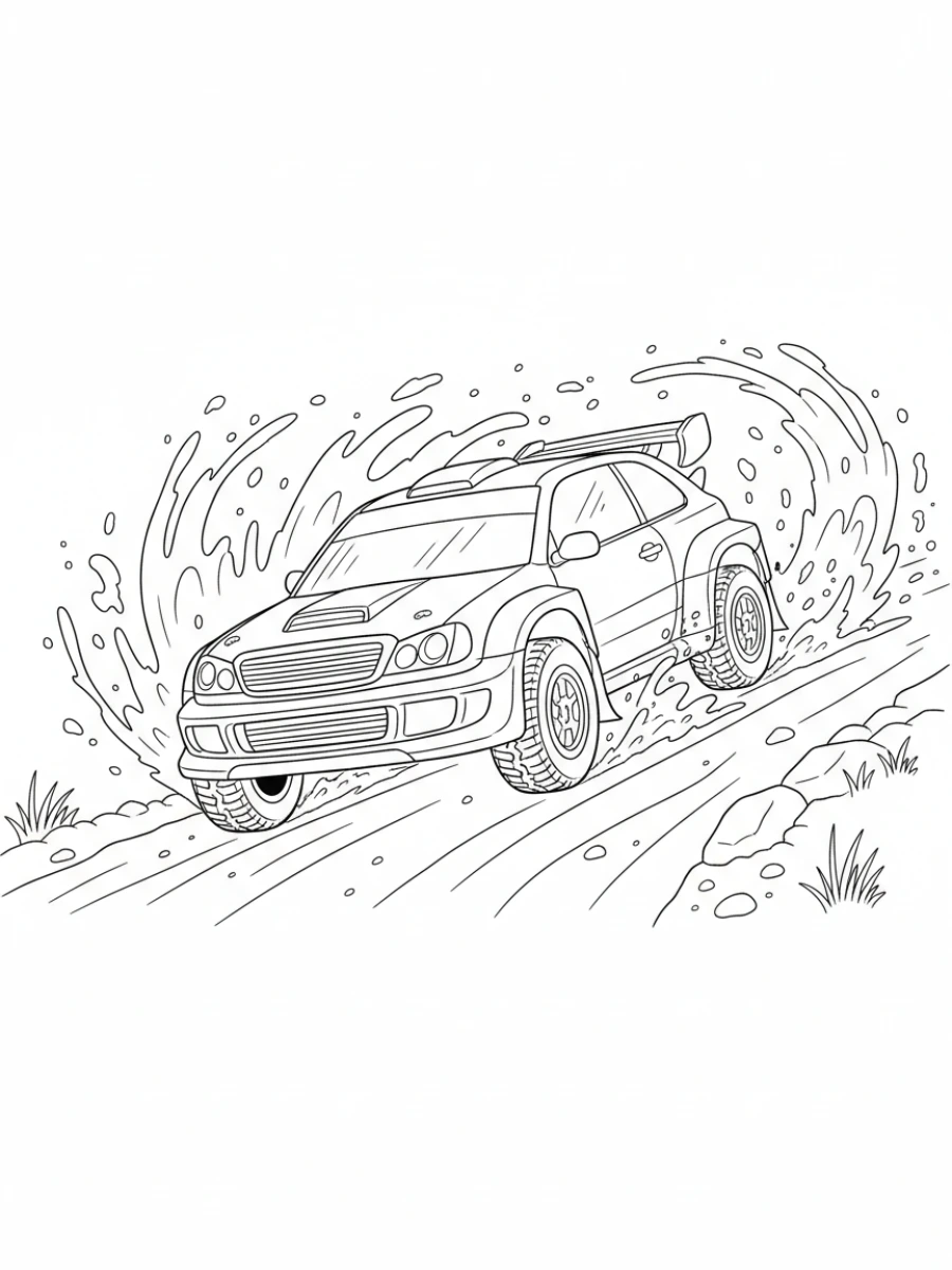 coloriage voiture de course — Voiture de rallye en plein dérapage sur une piste de terre, avec des éclaboussures de boue et un design robuste.