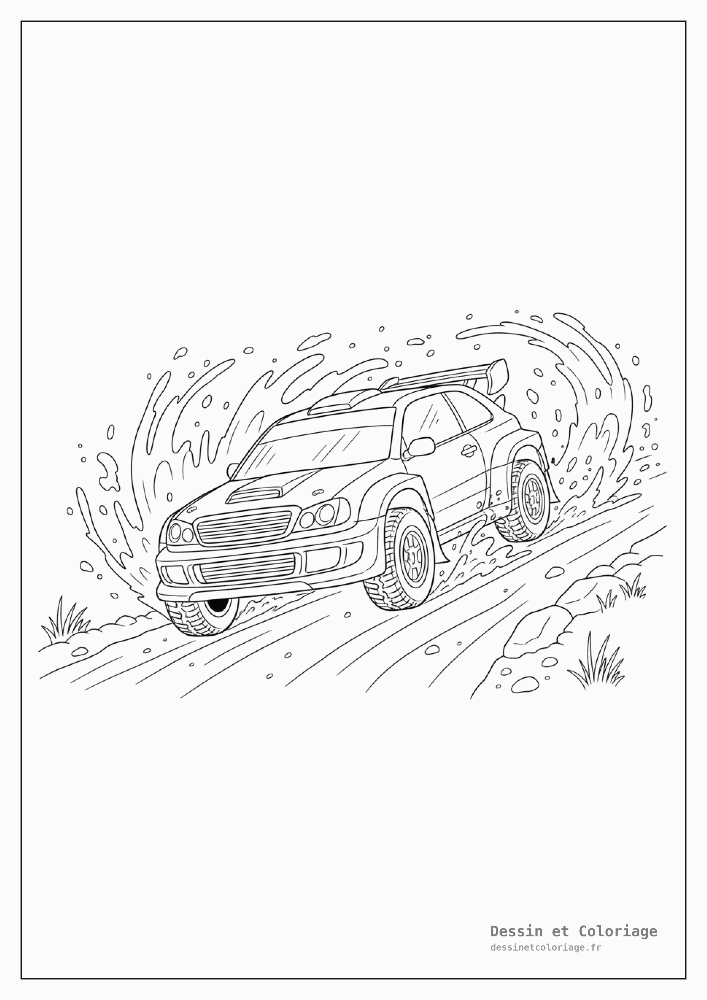 coloriage voiture de course — Voiture de rallye en plein dérapage sur une piste de terre, avec des éclaboussures de boue et un design robuste.