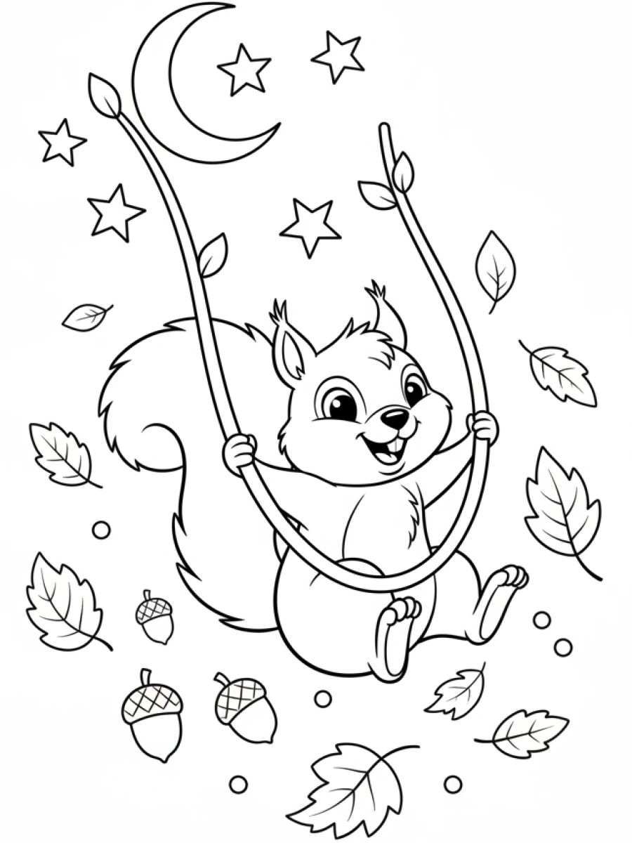 Coloriage Écureuil balançoire vigne