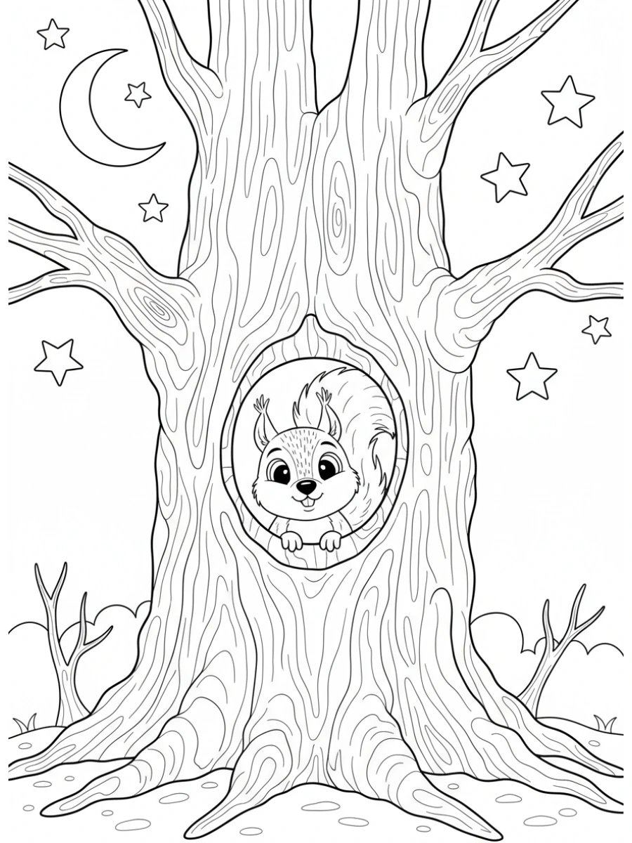 Coloriage Écureuil trou arbre