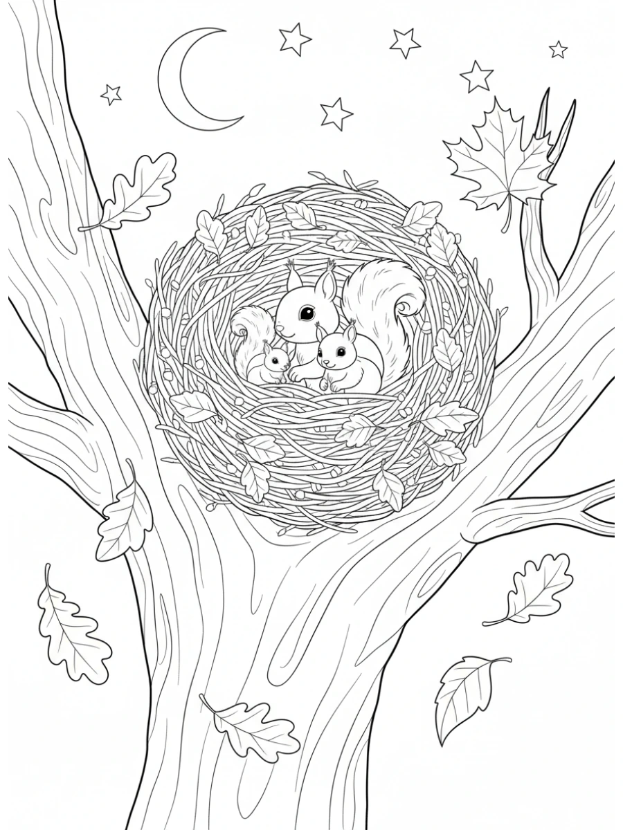 Coloriage Écureuil famille nid