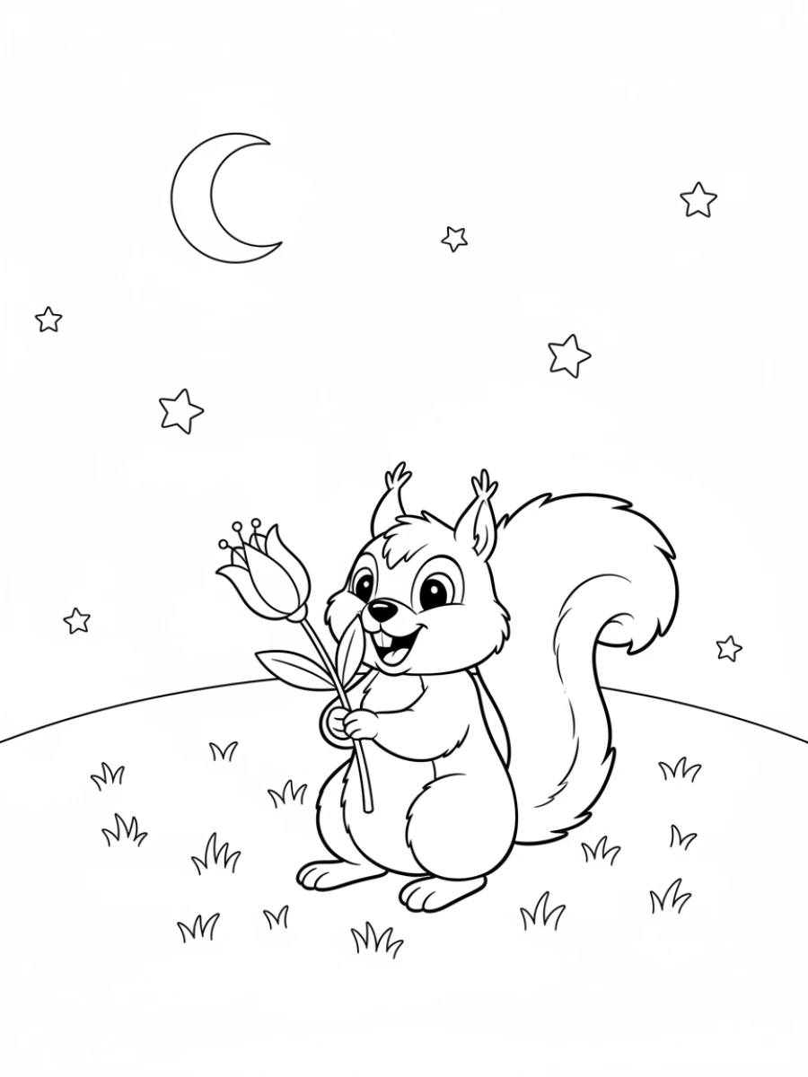 Coloriage écureuil fleur délicate mains