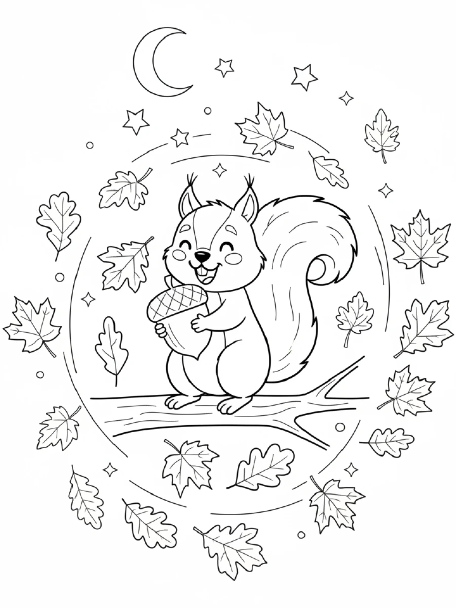 Coloriage Écureuil gland feuilles