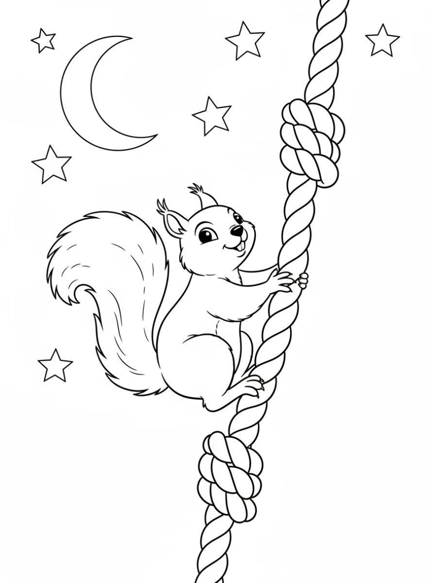 Coloriage écureuil grimpant corde nouée