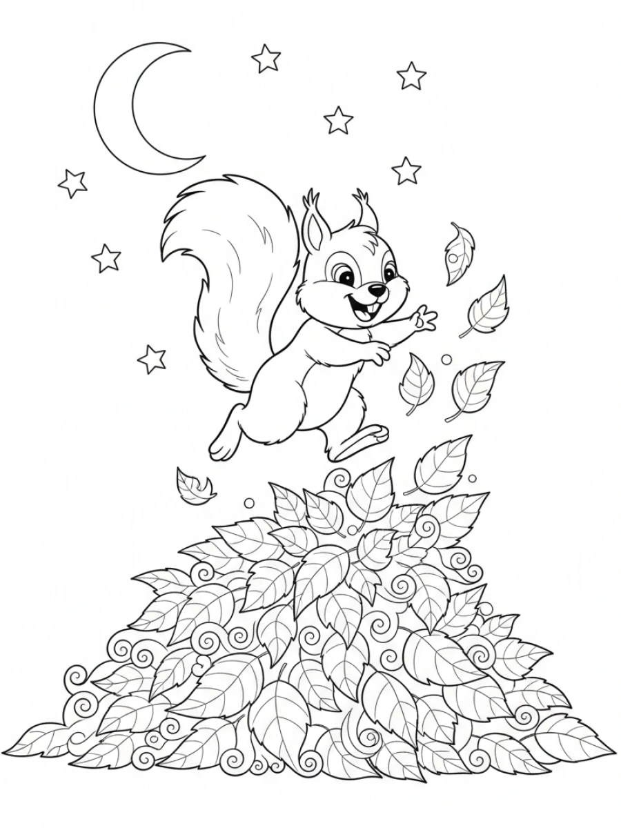 Coloriage Écureuil joueur feuilles