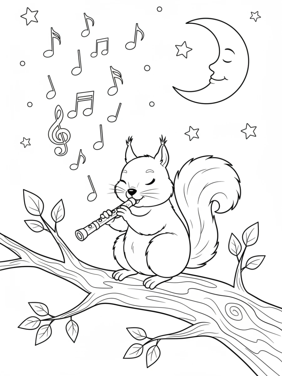 Coloriage écureuil joue flûte musique