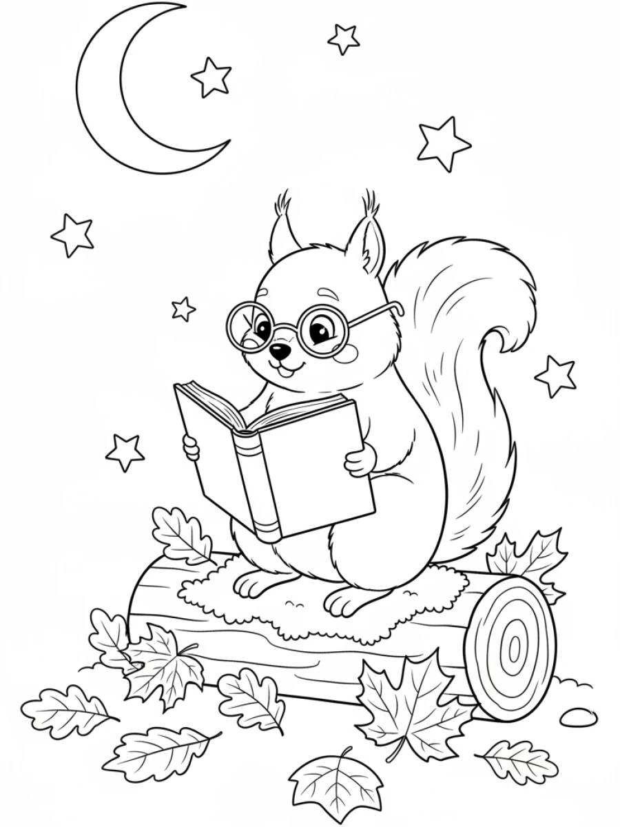 Coloriage Écureuil lecture bûche