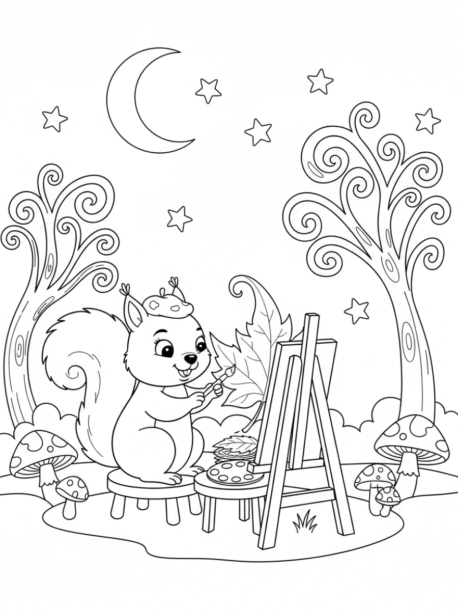 Coloriage Écureuil artiste feuille