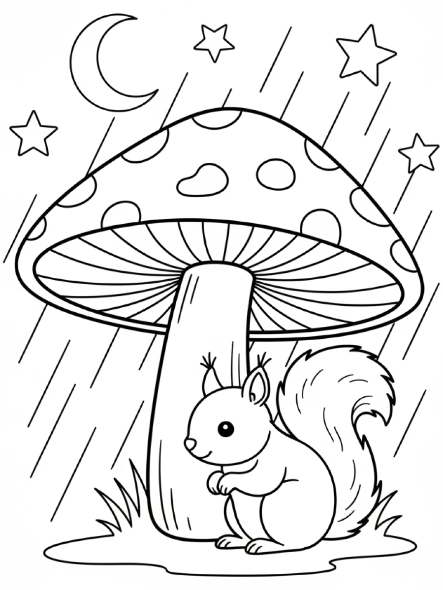 Coloriage Écureuil champignon abri